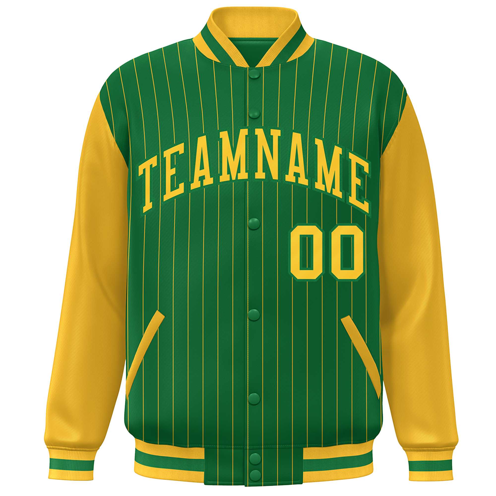 Custom Kelly Green Gold Stripe Fashion Bomber Varsity Jacket with Raglan Sleeves