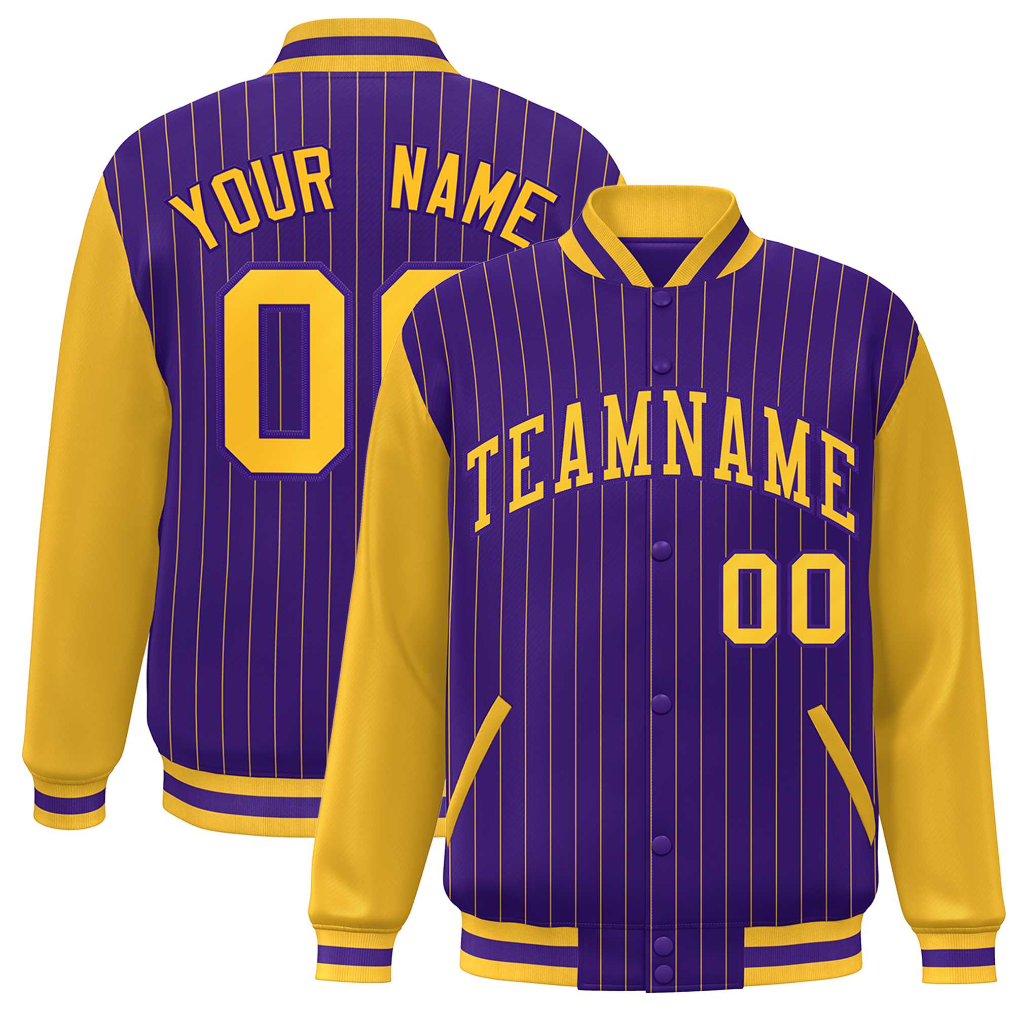 Custom Purple Gold Stripe Fashion Bomber Varsity Jacket with Raglan Sleeves