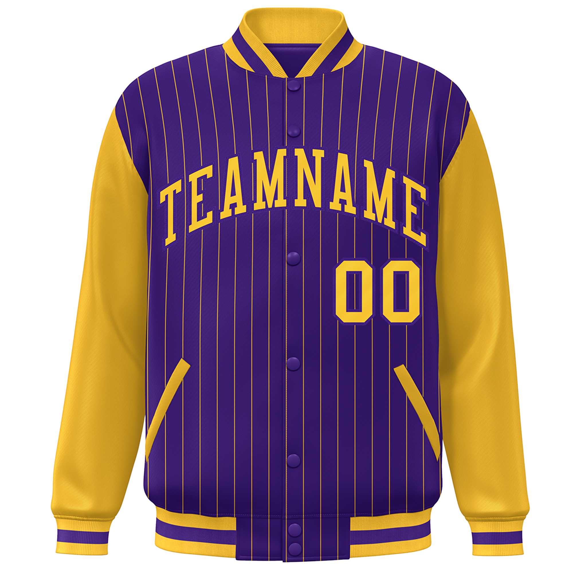 Custom Purple Gold Stripe Fashion Bomber Varsity Jacket with Raglan Sleeves