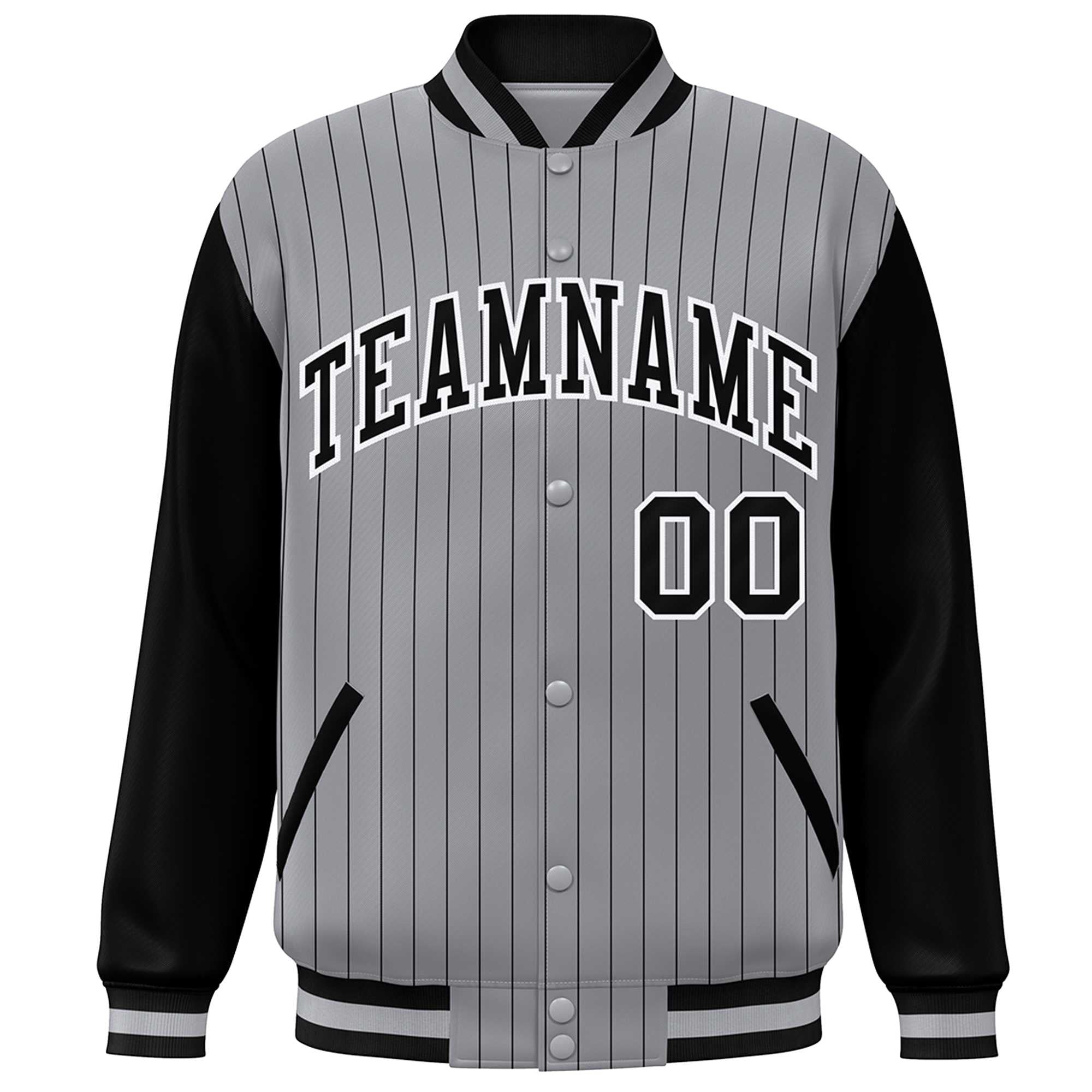 Custom Gray Black-White Stripe Fashion Bomber Varsity Jacket with Raglan Sleeves