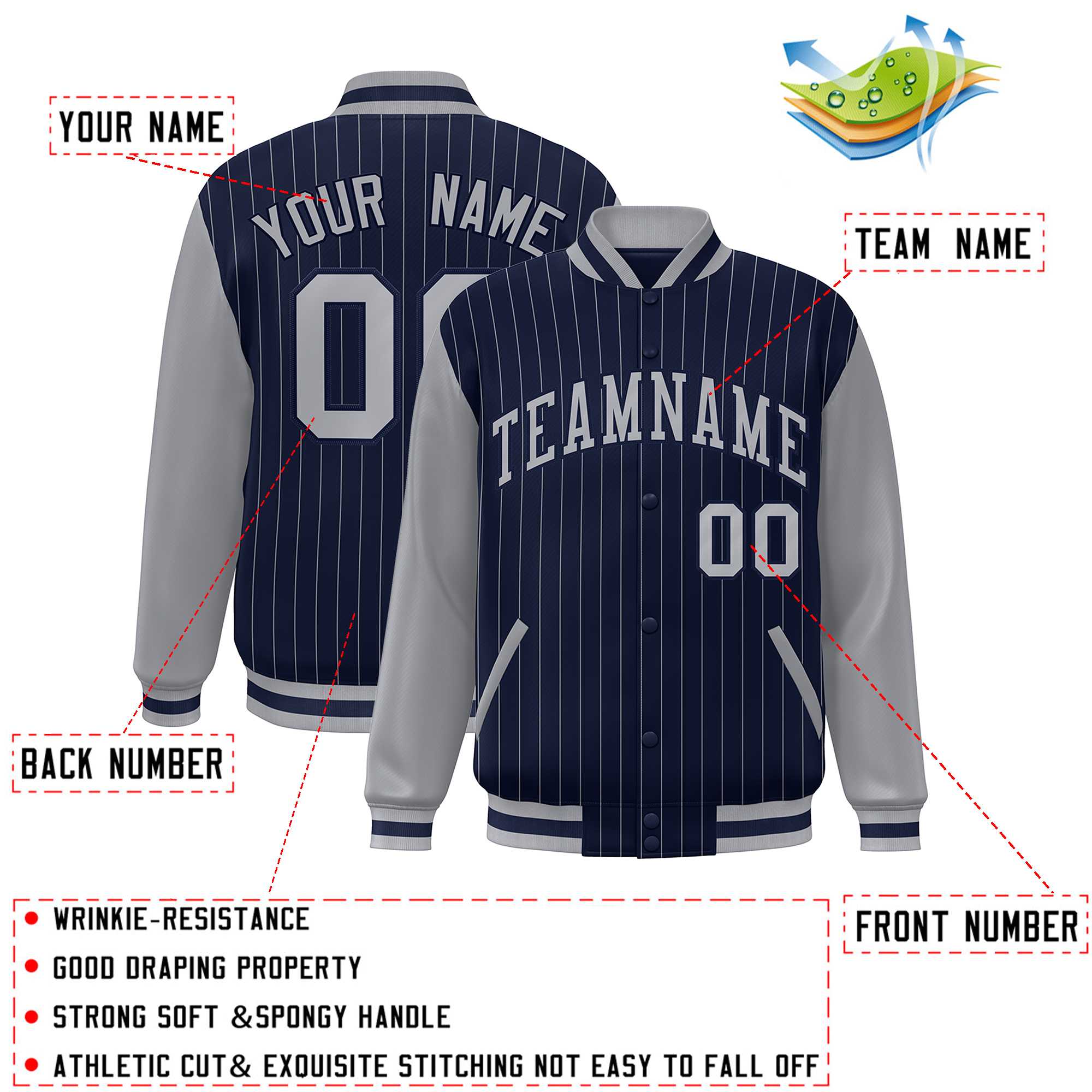 Custom Navy Gray Stripe Fashion Bomber Varsity Jacket with Raglan Sleeves