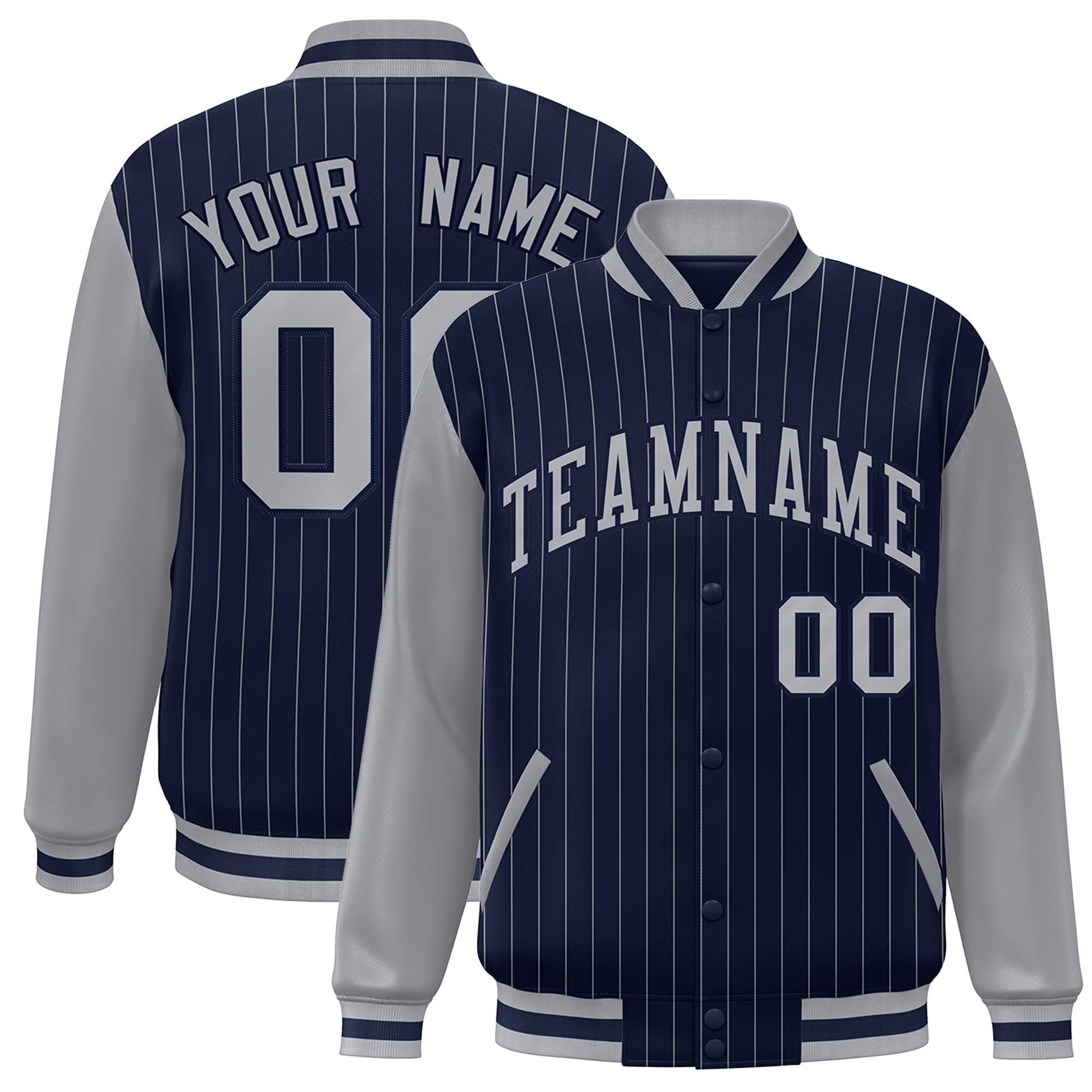 Custom Navy Gray Stripe Fashion Bomber Varsity Jacket with Raglan Sleeves