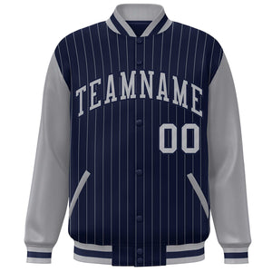 Custom Navy Gray Stripe Fashion Bomber Varsity Jacket with Raglan Sleeves