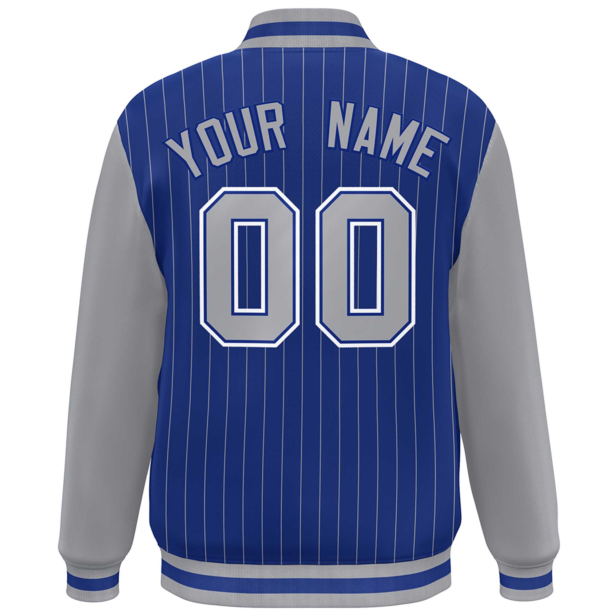 Custom Royal Gray-White Stripe Fashion Bomber Varsity Jacket with Raglan Sleeves