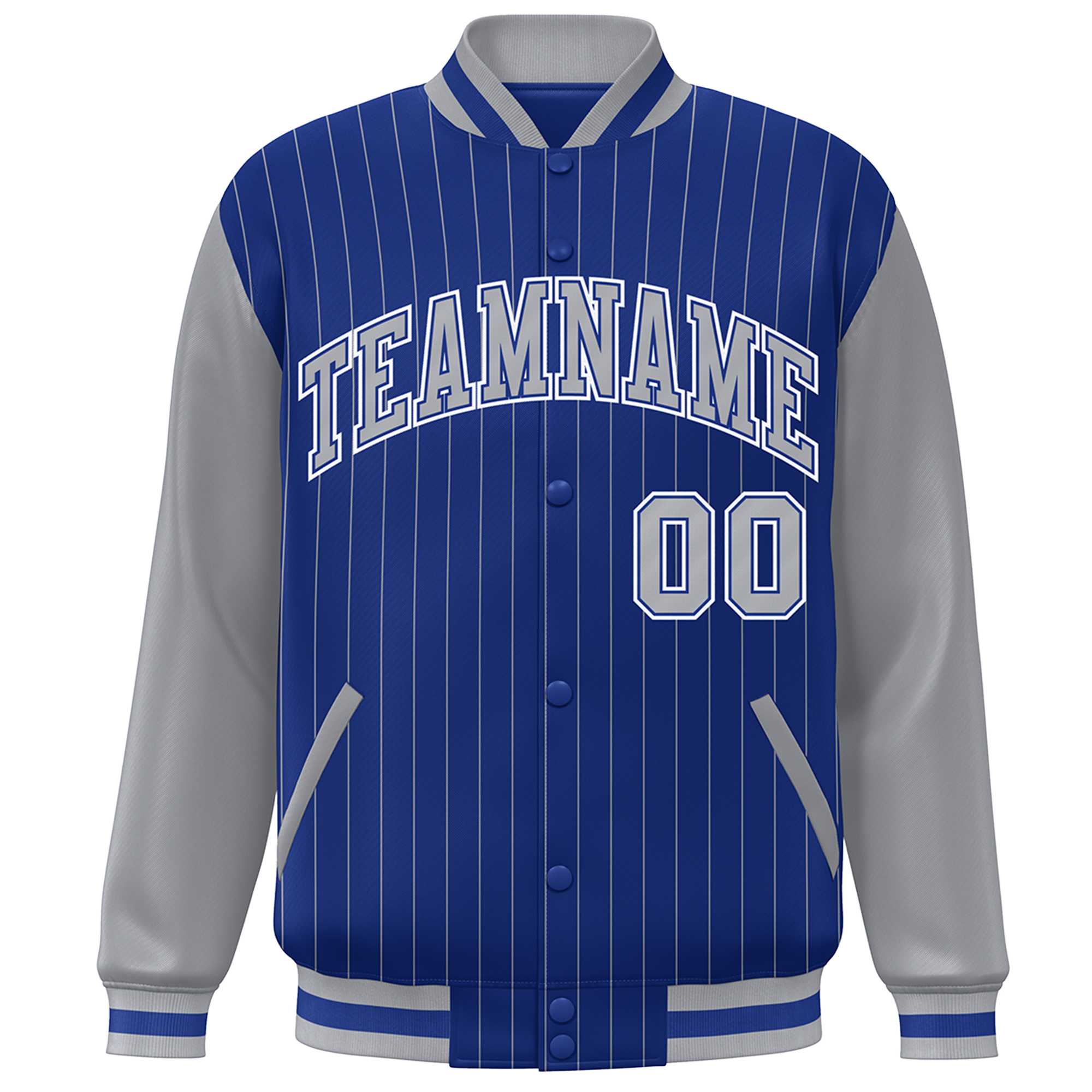 Custom Royal Gray-White Stripe Fashion Bomber Varsity Jacket with Raglan Sleeves