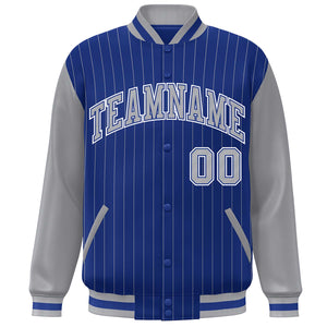 Custom Royal Gray-White Stripe Fashion Bomber Varsity Jacket with Raglan Sleeves