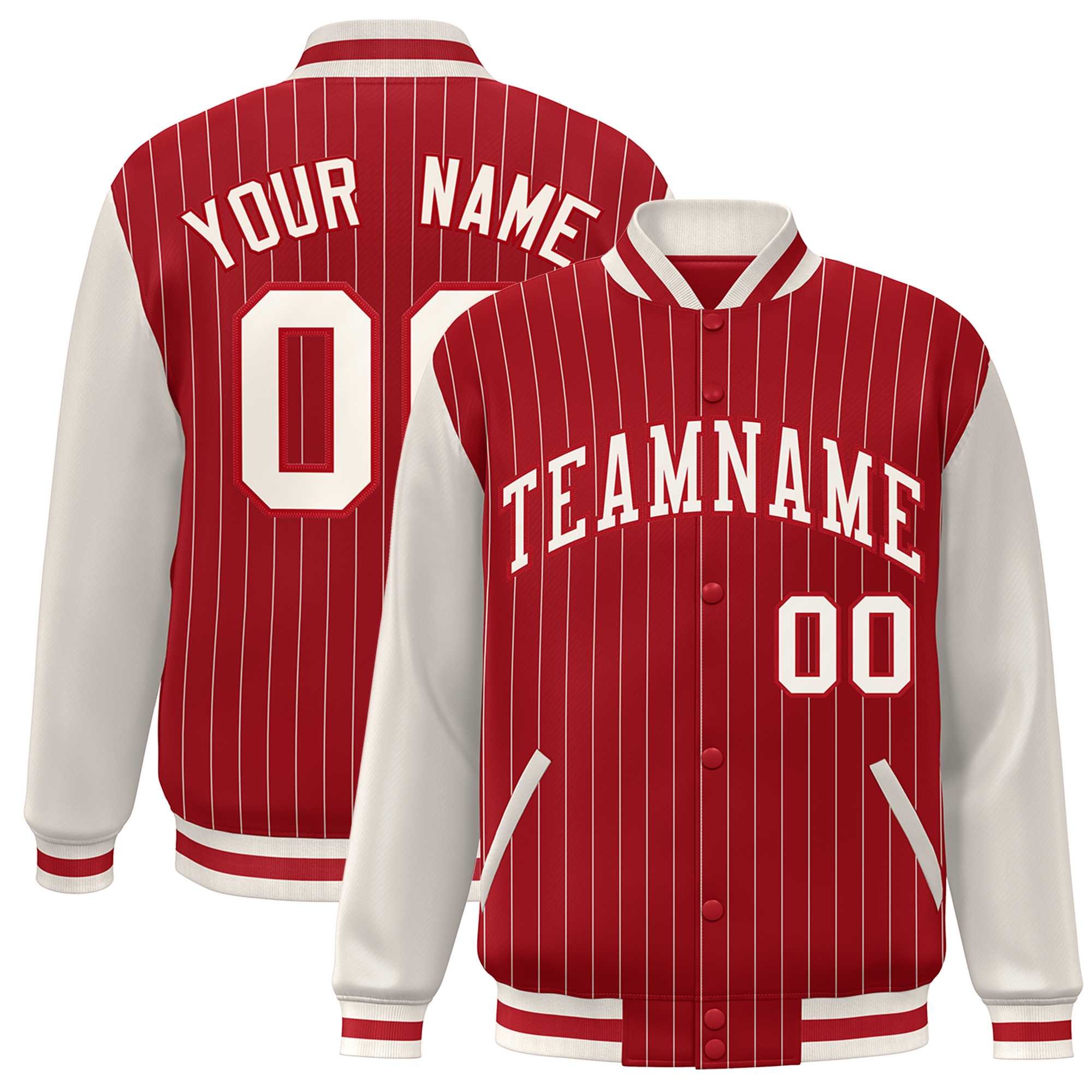 Custom Red Cream Stripe Fashion Bomber Varsity Jacket with Raglan Sleeves