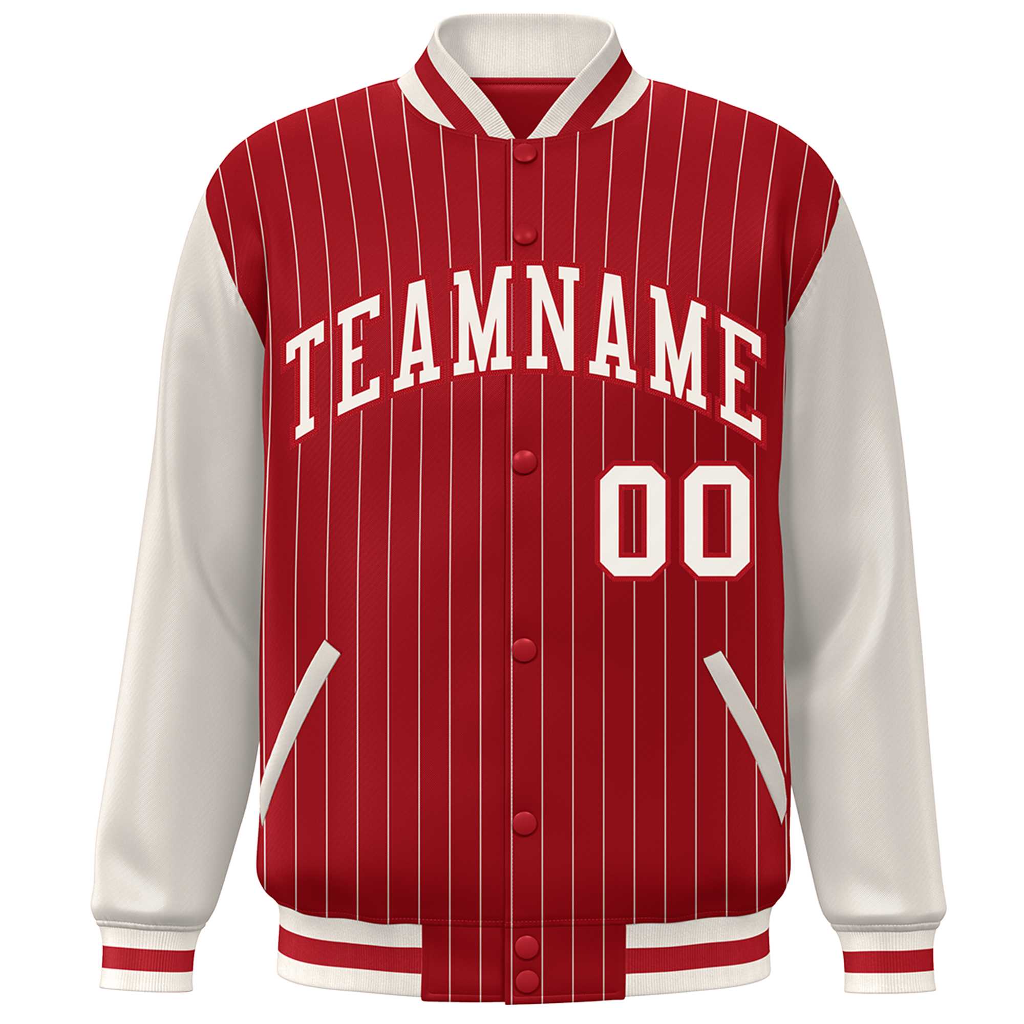 Custom Red Cream Stripe Fashion Bomber Varsity Jacket with Raglan Sleeves