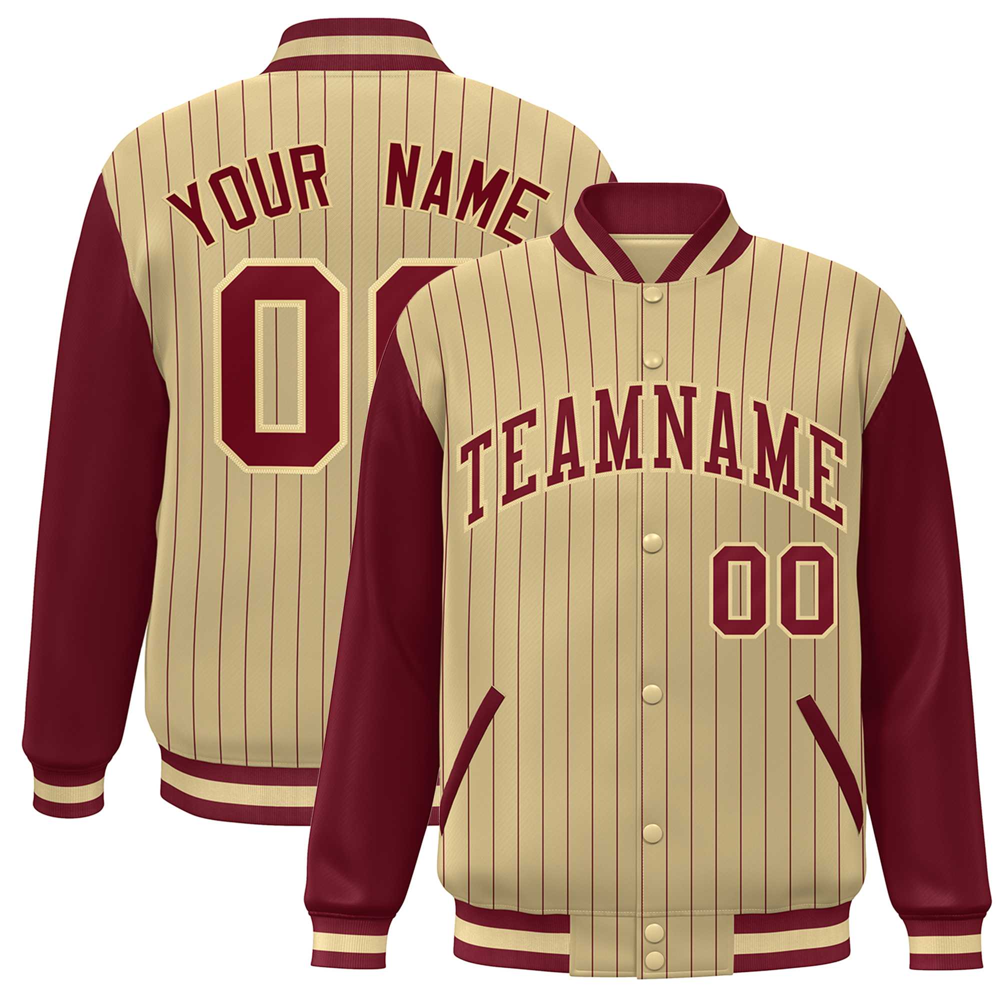 Custom Khaki Crimson Stripe Fashion Bomber Varsity Jacket with Raglan Sleeves