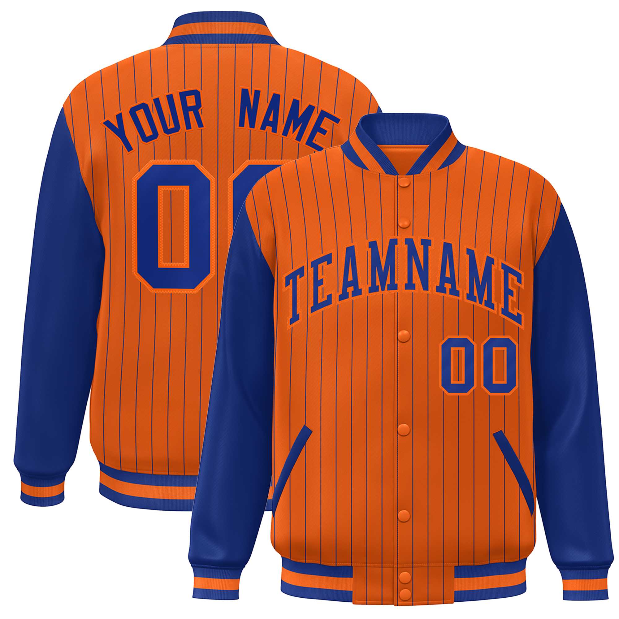 Custom Orange Royal Stripe Fashion Bomber Varsity Jacket with Raglan Sleeves