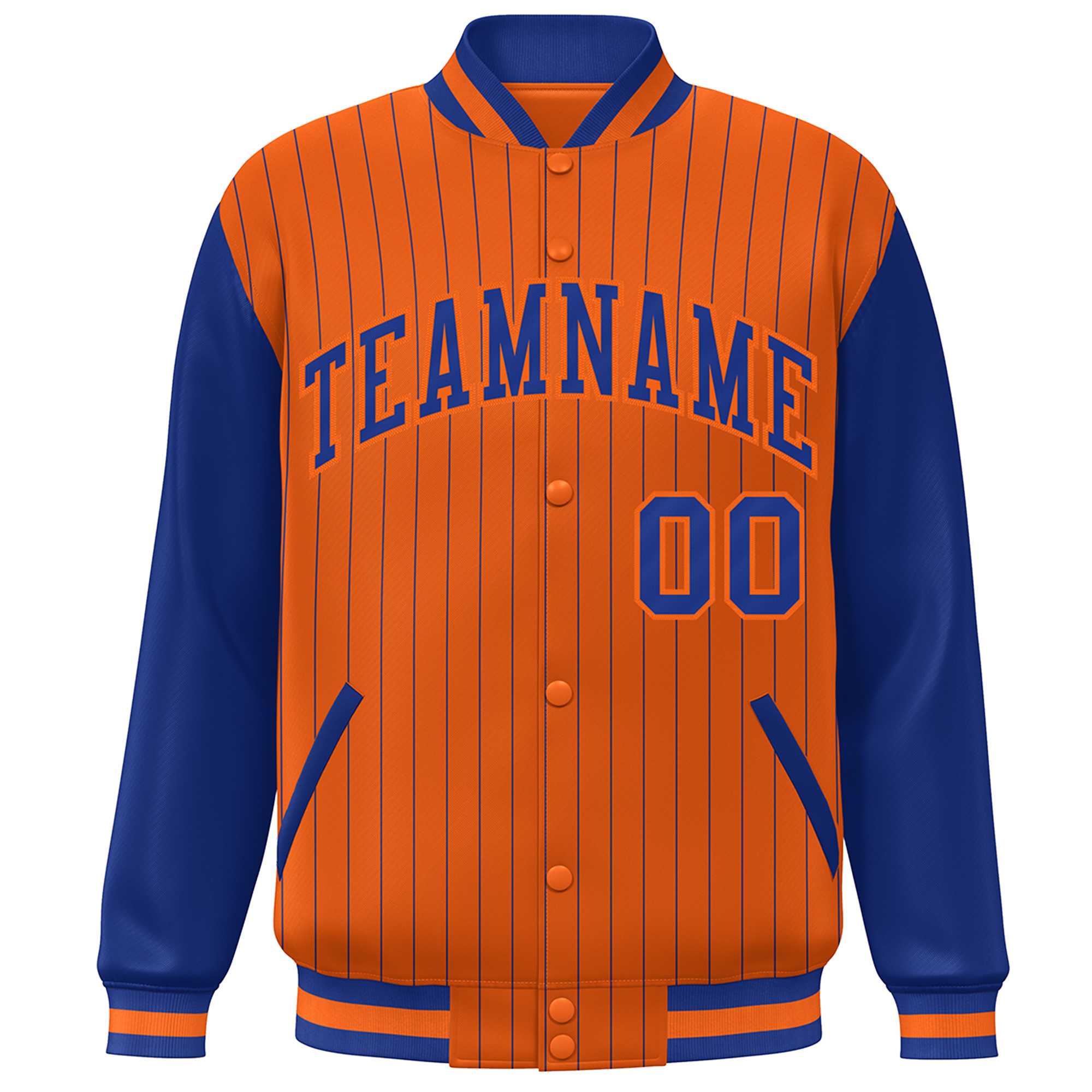 Custom Orange Royal Stripe Fashion Bomber Varsity Jacket with Raglan Sleeves