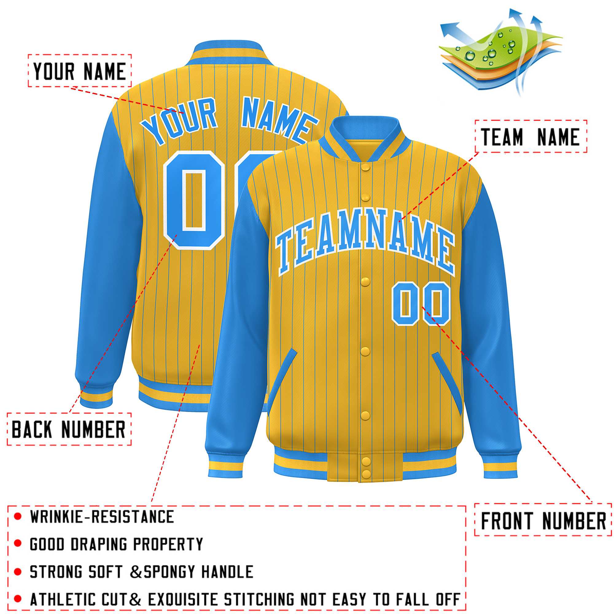 Custom Gold Powder Blue-White Stripe Fashion Bomber Varsity Jacket with Raglan Sleeves