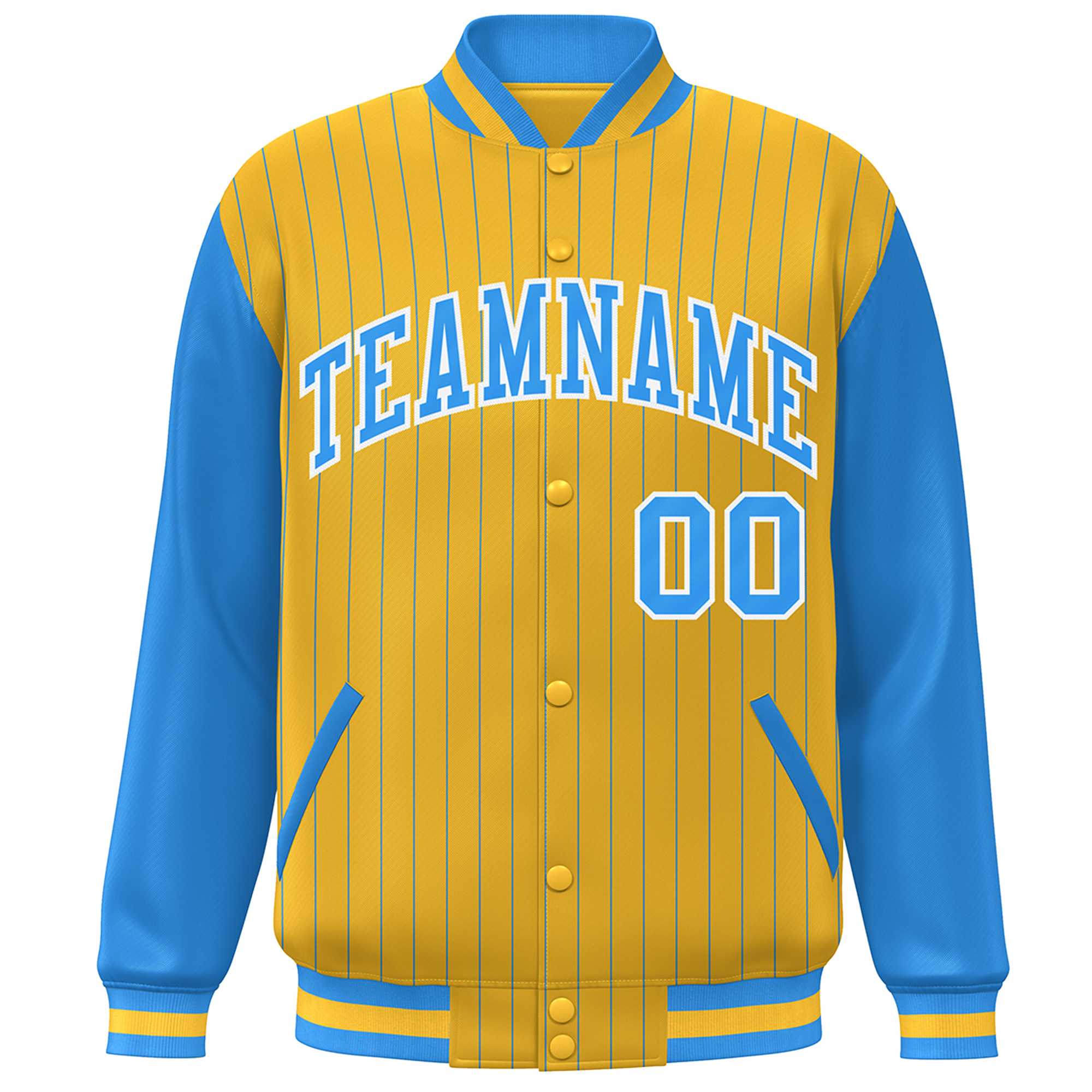 Custom Gold Powder Blue-White Stripe Fashion Bomber Varsity Jacket with Raglan Sleeves