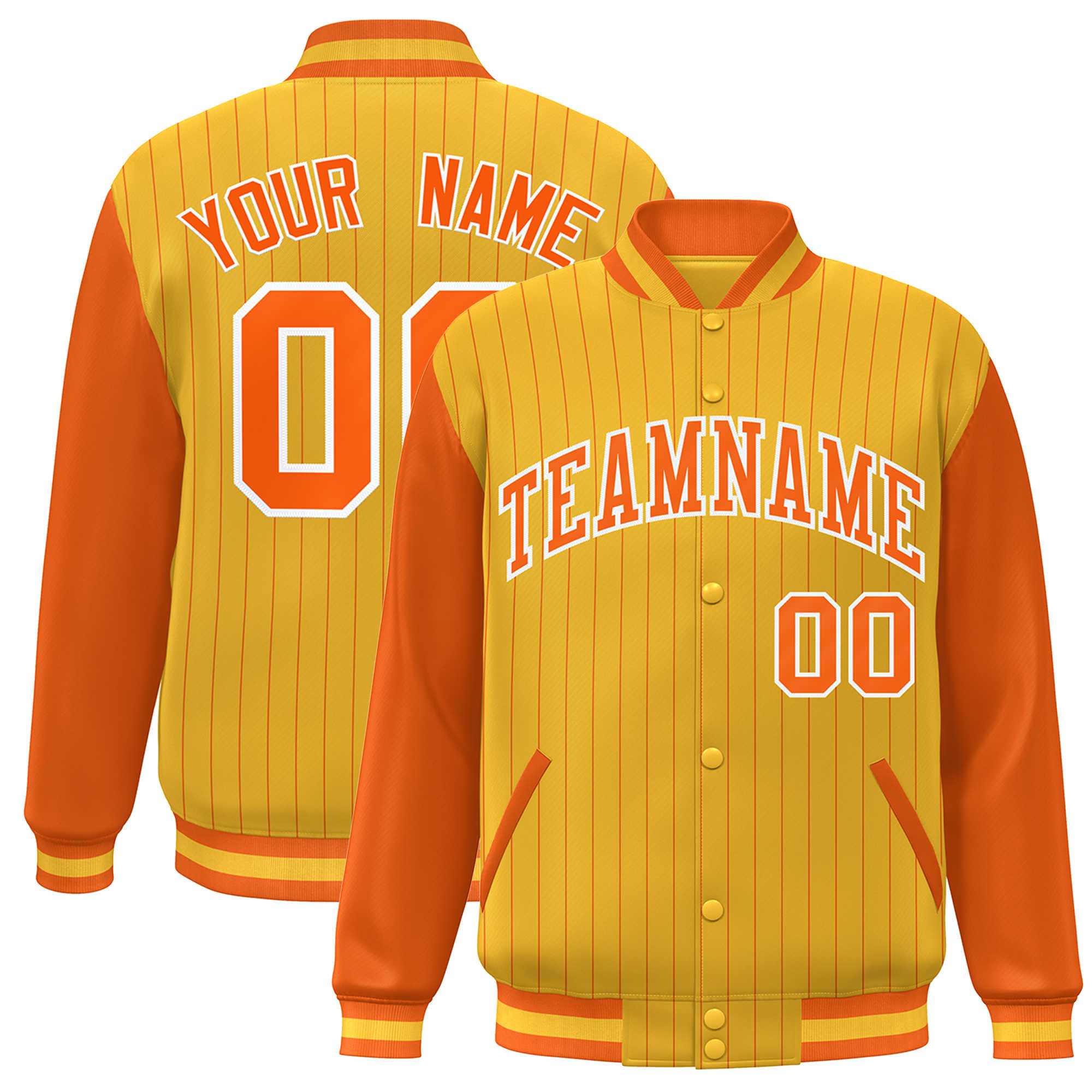 Custom Gold Orange-White Stripe Fashion Bomber Varsity Jacket with Raglan Sleeves