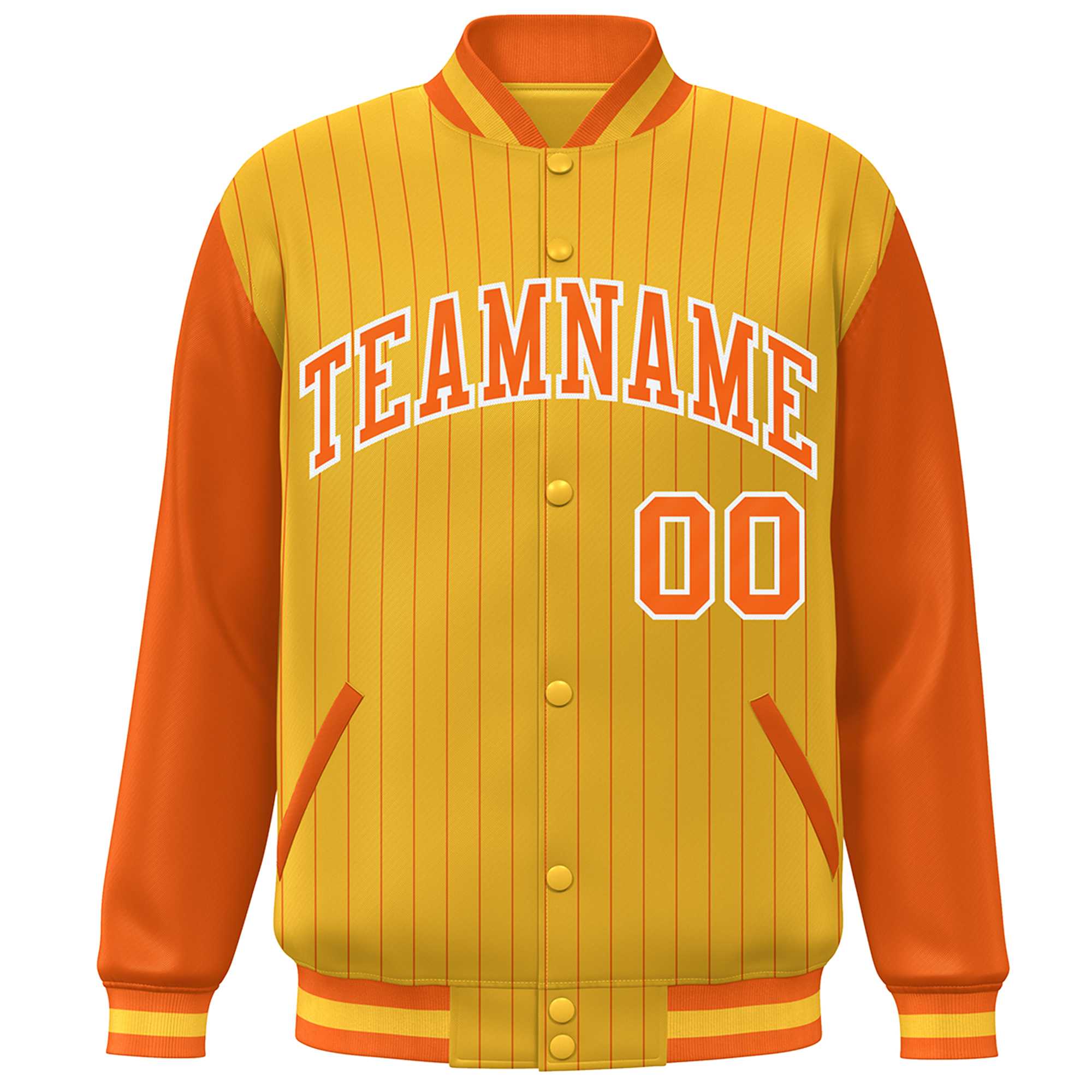 Custom Gold Orange-White Stripe Fashion Bomber Varsity Jacket with Raglan Sleeves