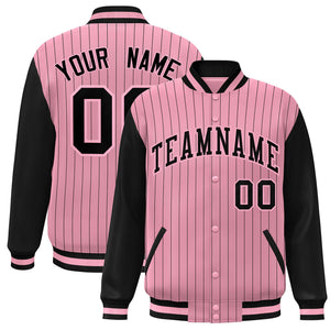 Custom Pink Black Stripe Fashion Bomber Varsity Jacket with Raglan Sleeves