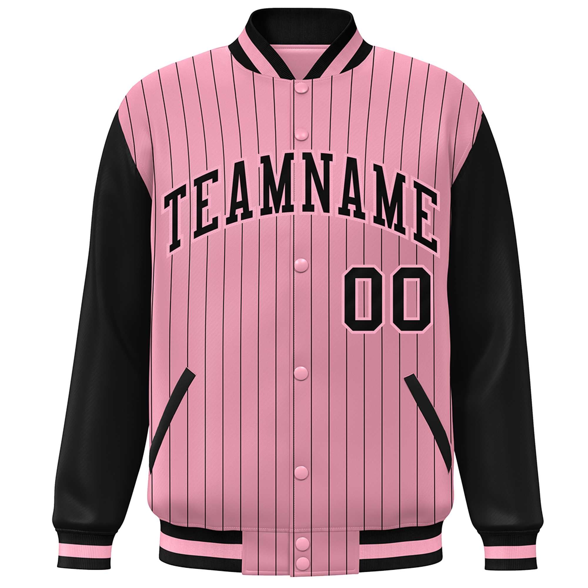 Custom Pink Black Stripe Fashion Bomber Varsity Jacket with Raglan Sleeves