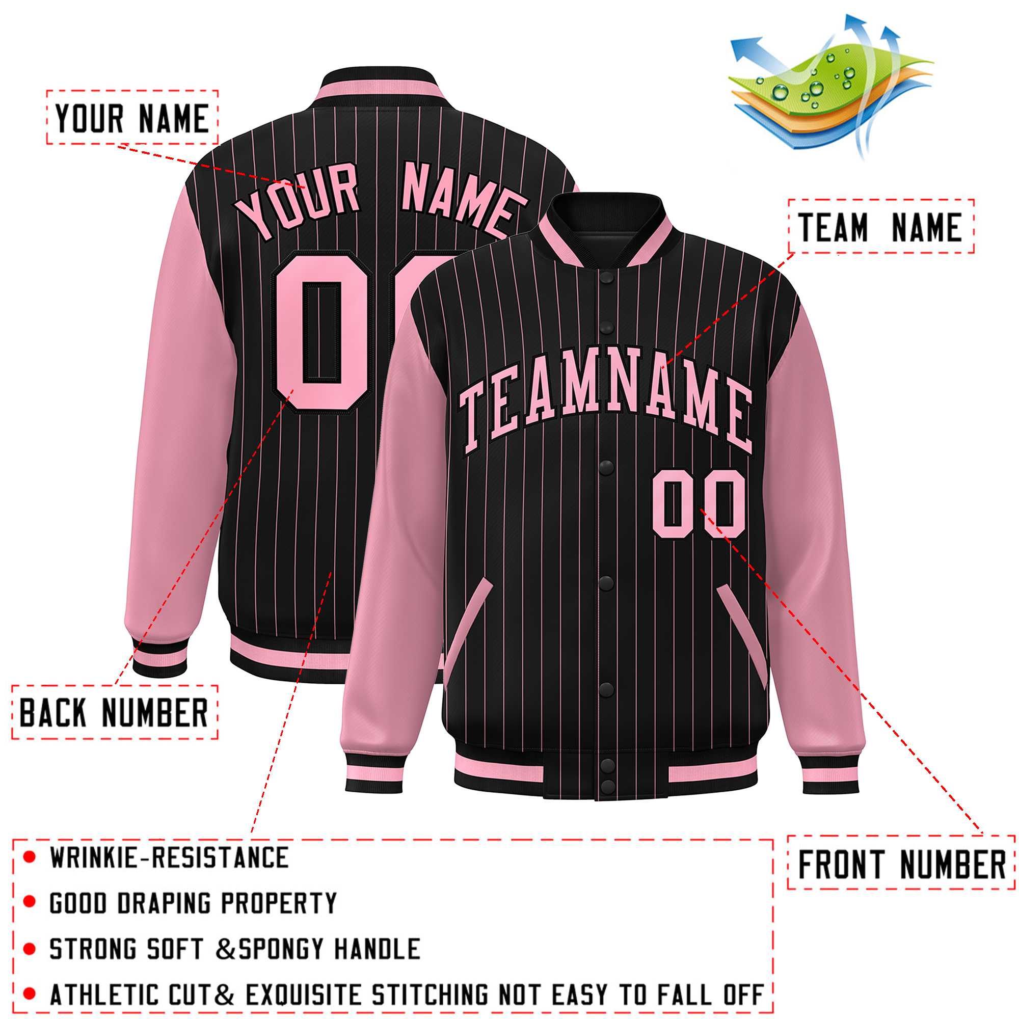 Custom Black Pink Stripe Fashion Bomber Varsity Jacket with Raglan Sleeves