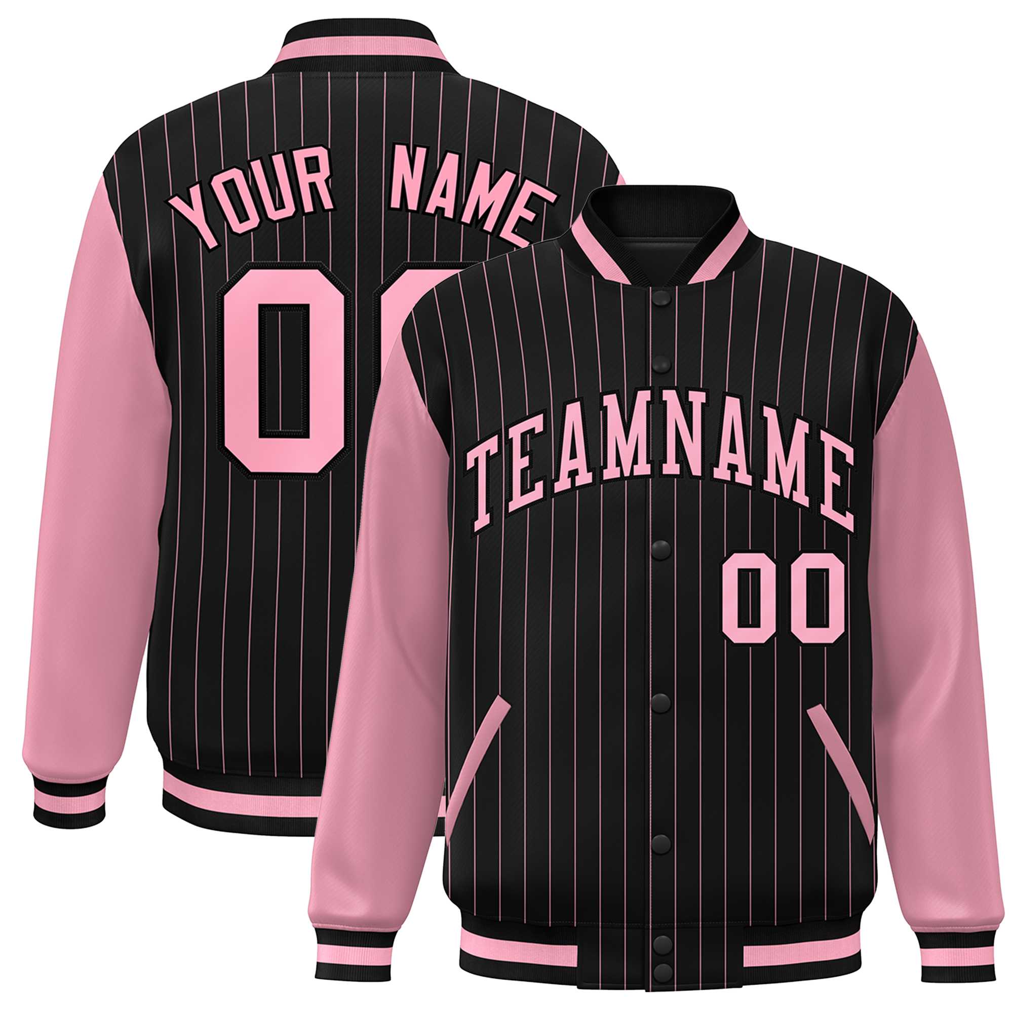 Custom Black Pink Stripe Fashion Bomber Varsity Jacket with Raglan Sleeves