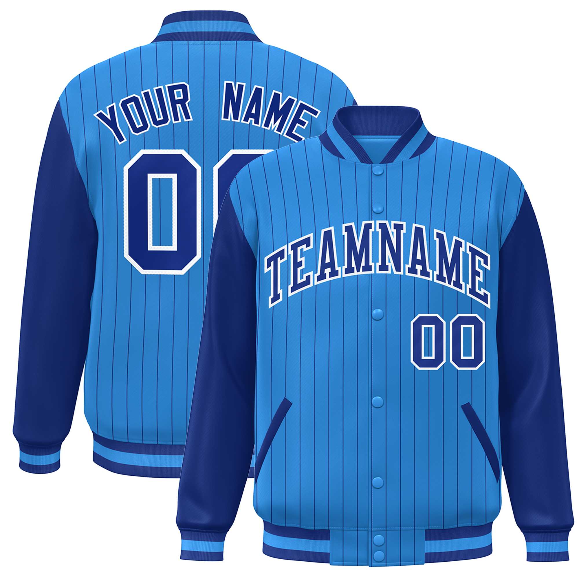 Custom Powder Blue Royal-White Stripe Fashion Bomber Varsity Jacket with Raglan Sleeves