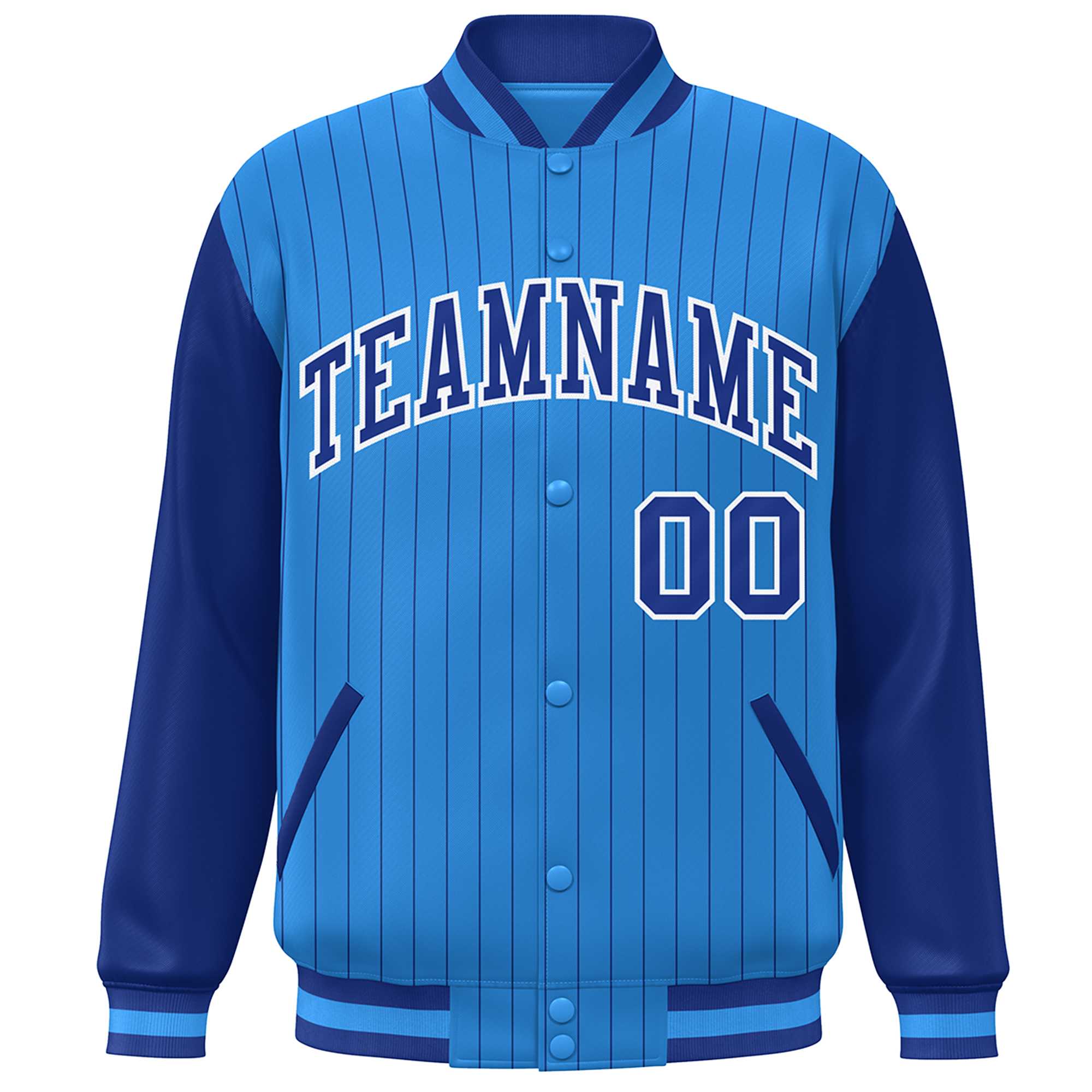 Custom Powder Blue Royal-White Stripe Fashion Bomber Varsity Jacket with Raglan Sleeves