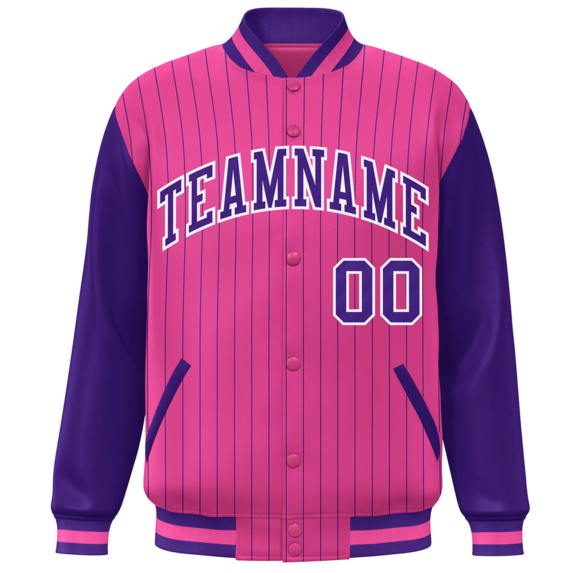 Custom Pink Purple-White Stripe Fashion Bomber Varsity Jacket with Raglan Sleeves