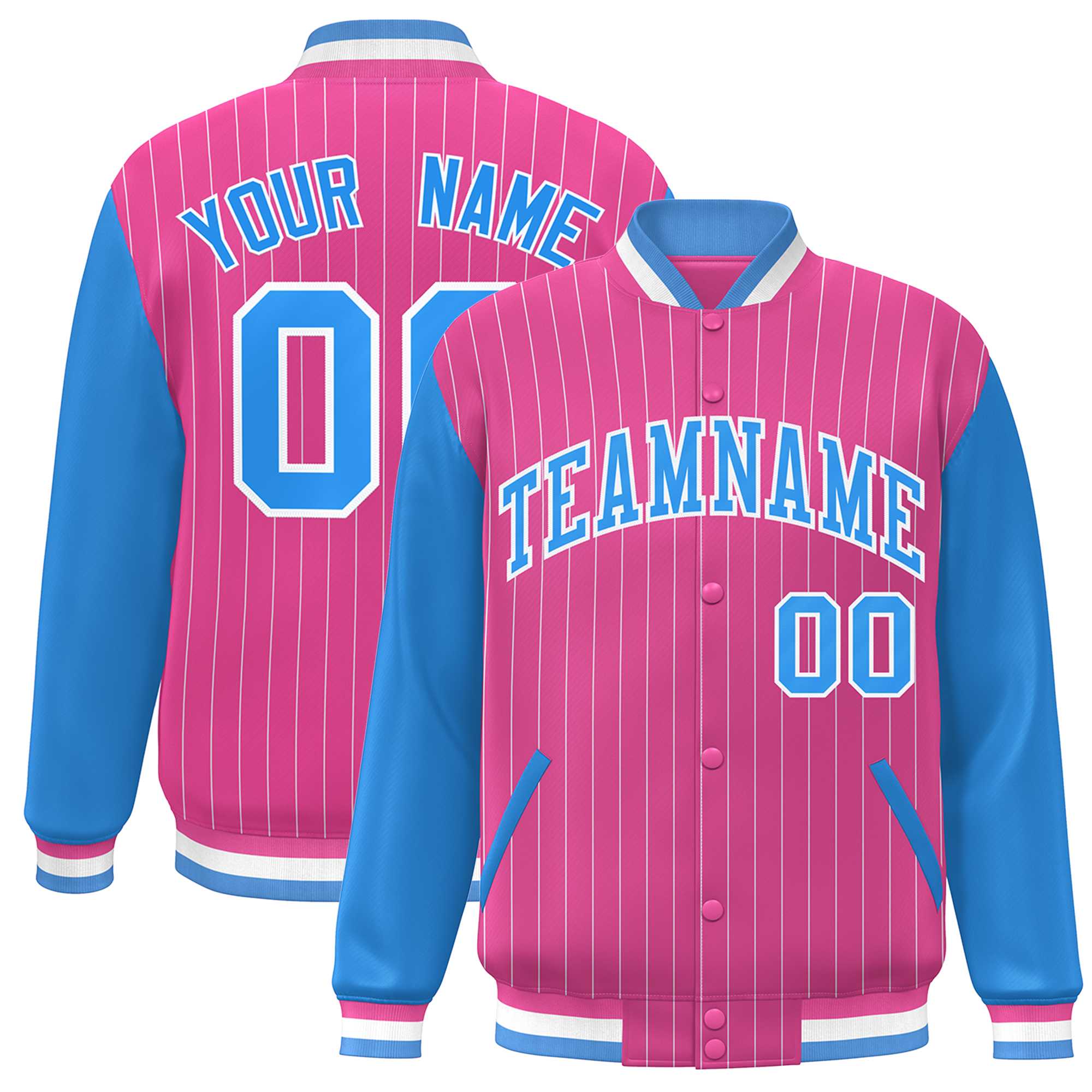 Custom Pink Powder Blue-White Stripe Fashion Bomber Varsity Jacket with Raglan Sleeves