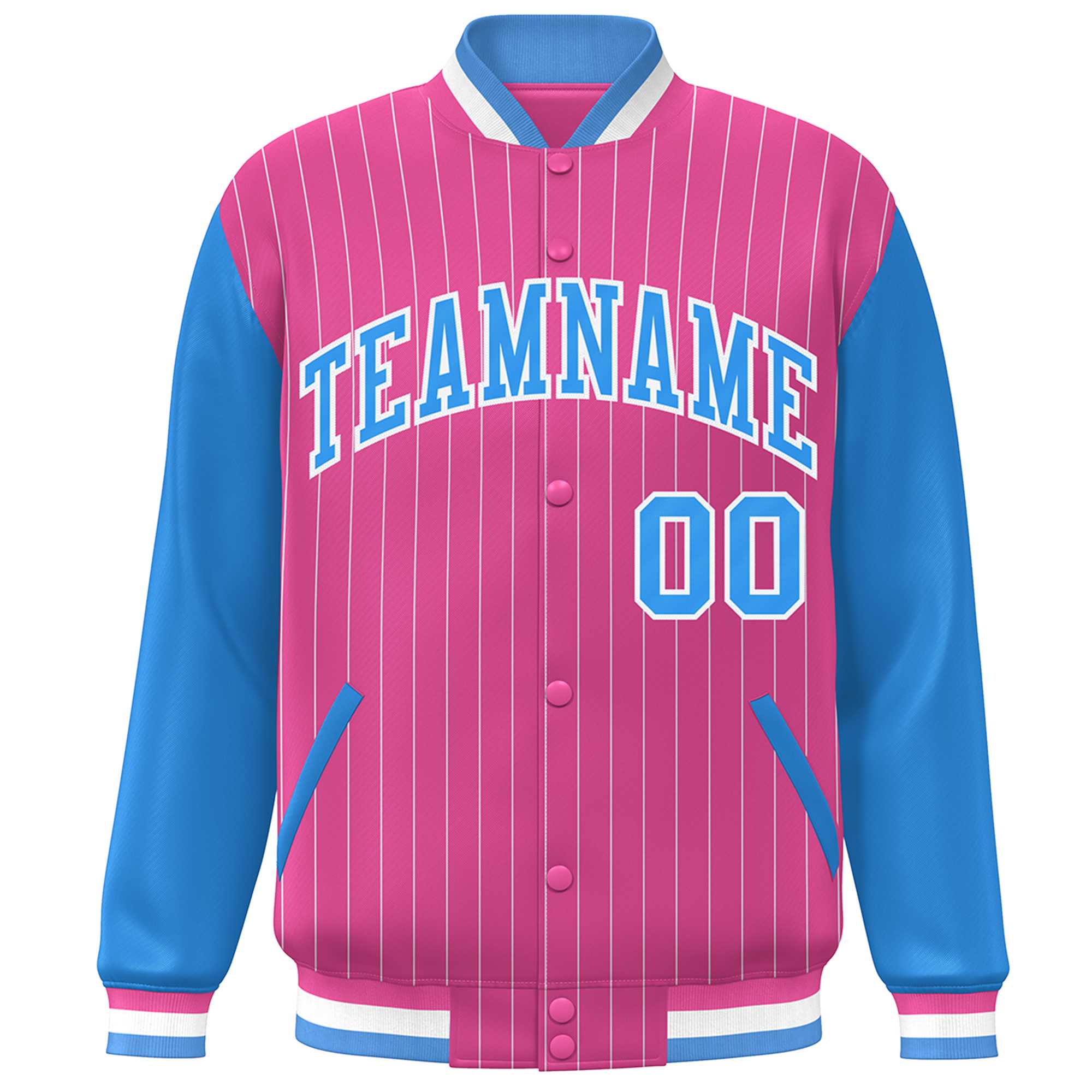 Custom Pink Powder Blue-White Stripe Fashion Bomber Varsity Jacket with Raglan Sleeves