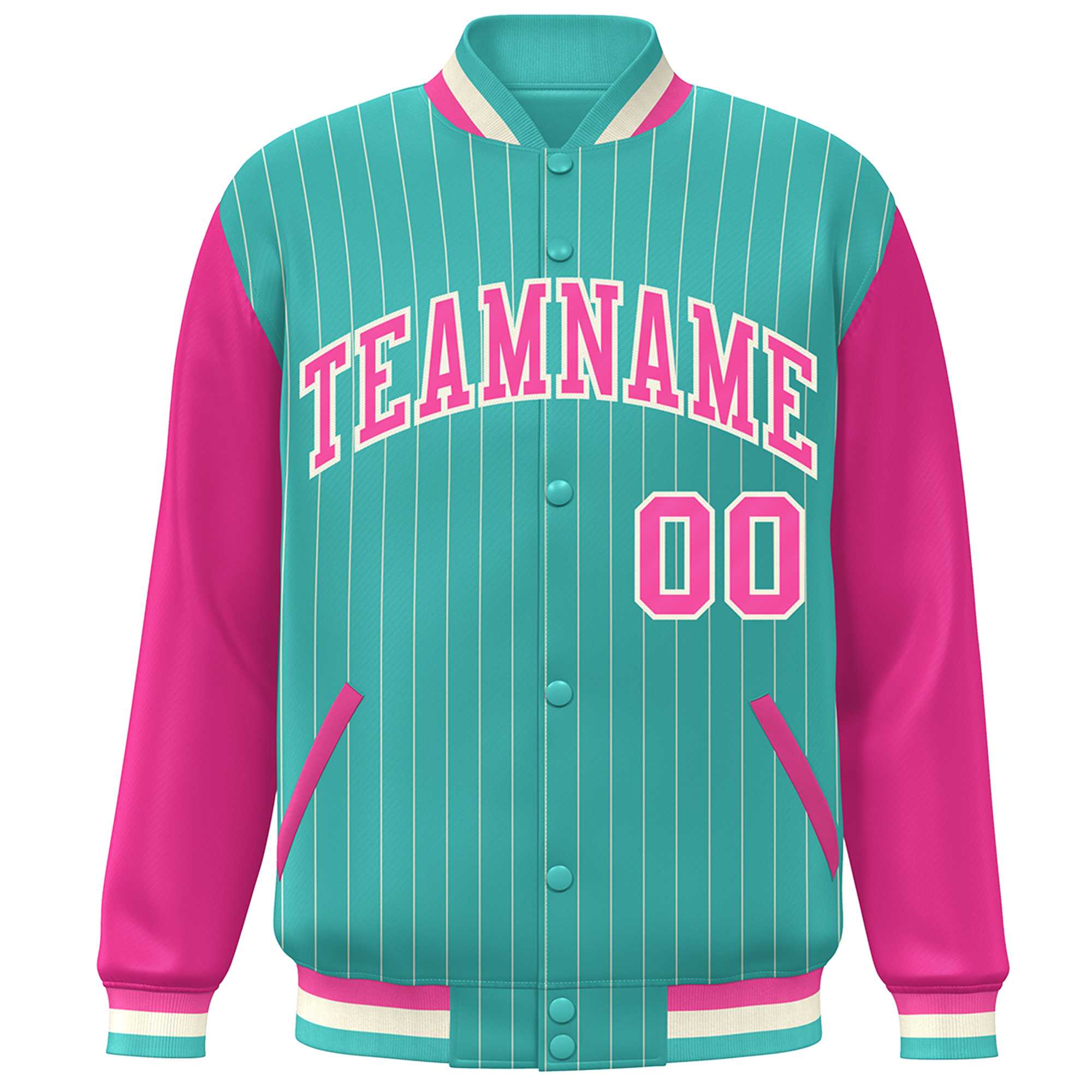 Custom Aqua Pink-White Stripe Fashion Bomber Varsity Jacket with Raglan Sleeves