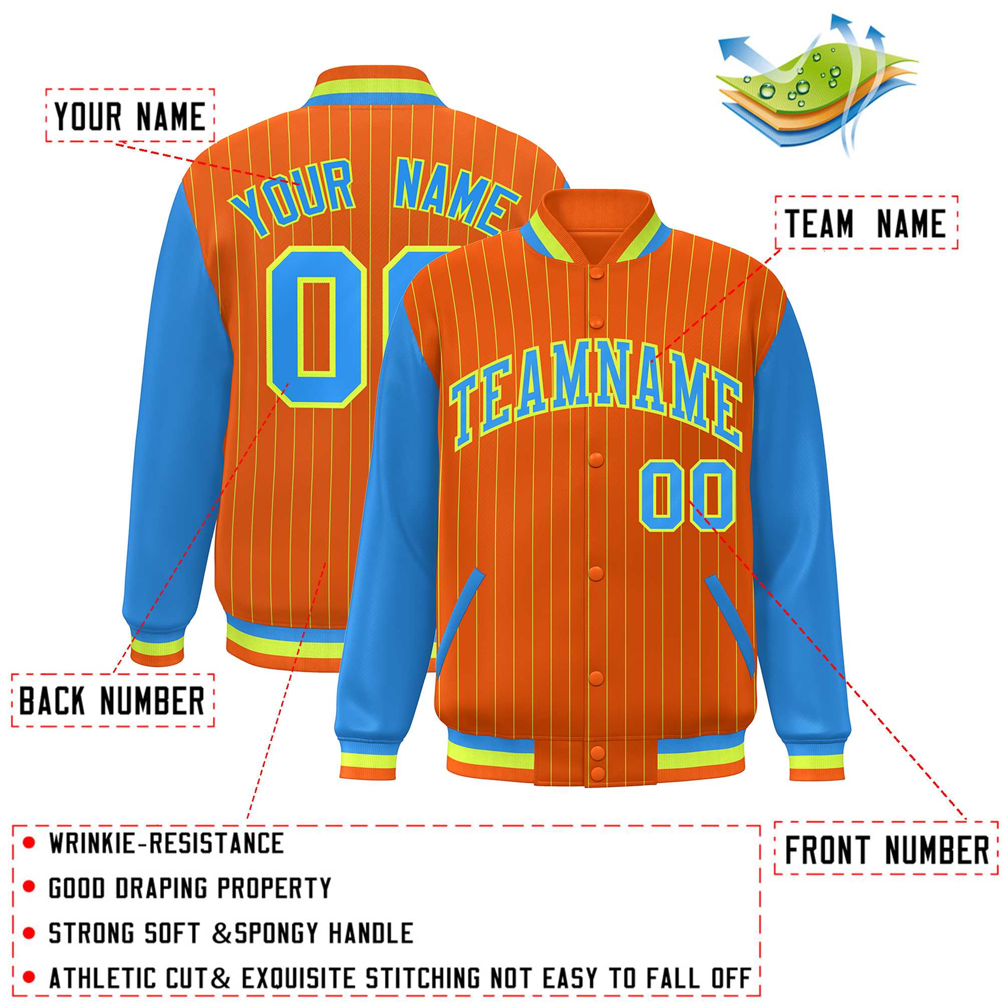 Custom Orange Powder Blue-Neon Green Stripe Fashion Bomber Varsity Jacket with Raglan Sleeves