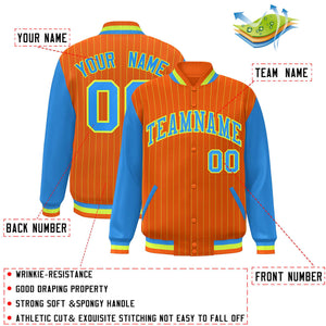 Custom Orange Powder Blue-Neon Green Stripe Fashion Bomber Varsity Jacket with Raglan Sleeves