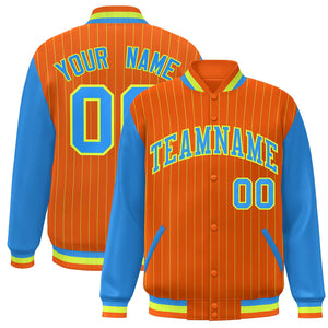 Custom Orange Powder Blue-Neon Green Stripe Fashion Bomber Varsity Jacket with Raglan Sleeves