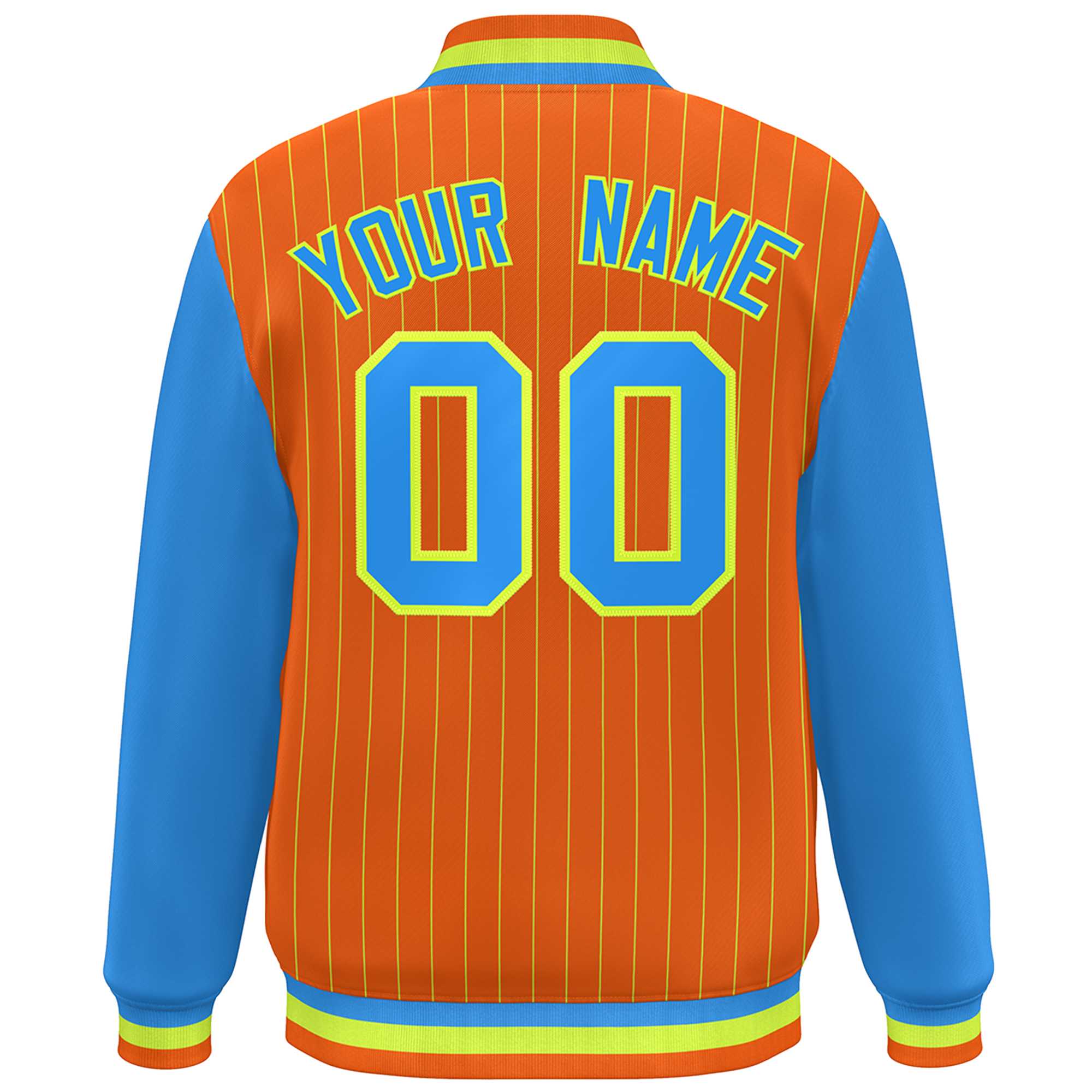 Custom Orange Powder Blue-Neon Green Stripe Fashion Bomber Varsity Jacket with Raglan Sleeves