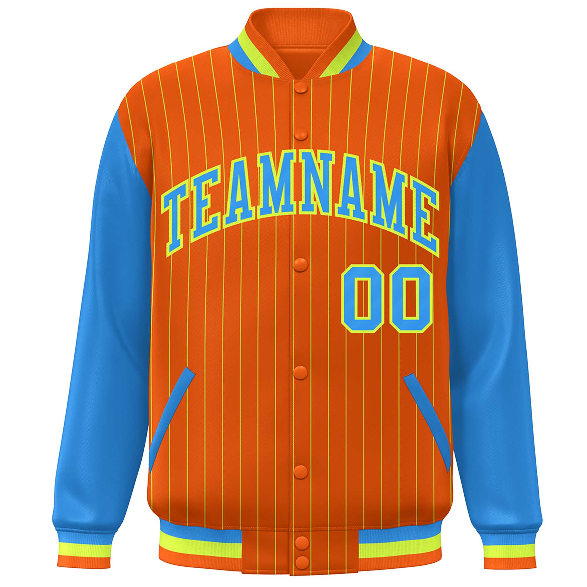 Custom Orange Powder Blue-Neon Green Stripe Fashion Bomber Varsity Jacket with Raglan Sleeves