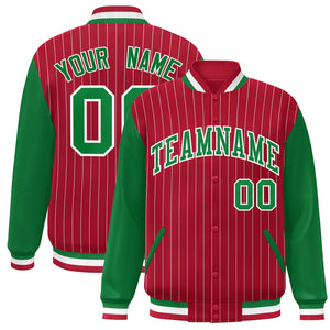 Custom Red Kelly Green-White Stripe Fashion Bomber Varsity Jacket with Raglan Sleeves