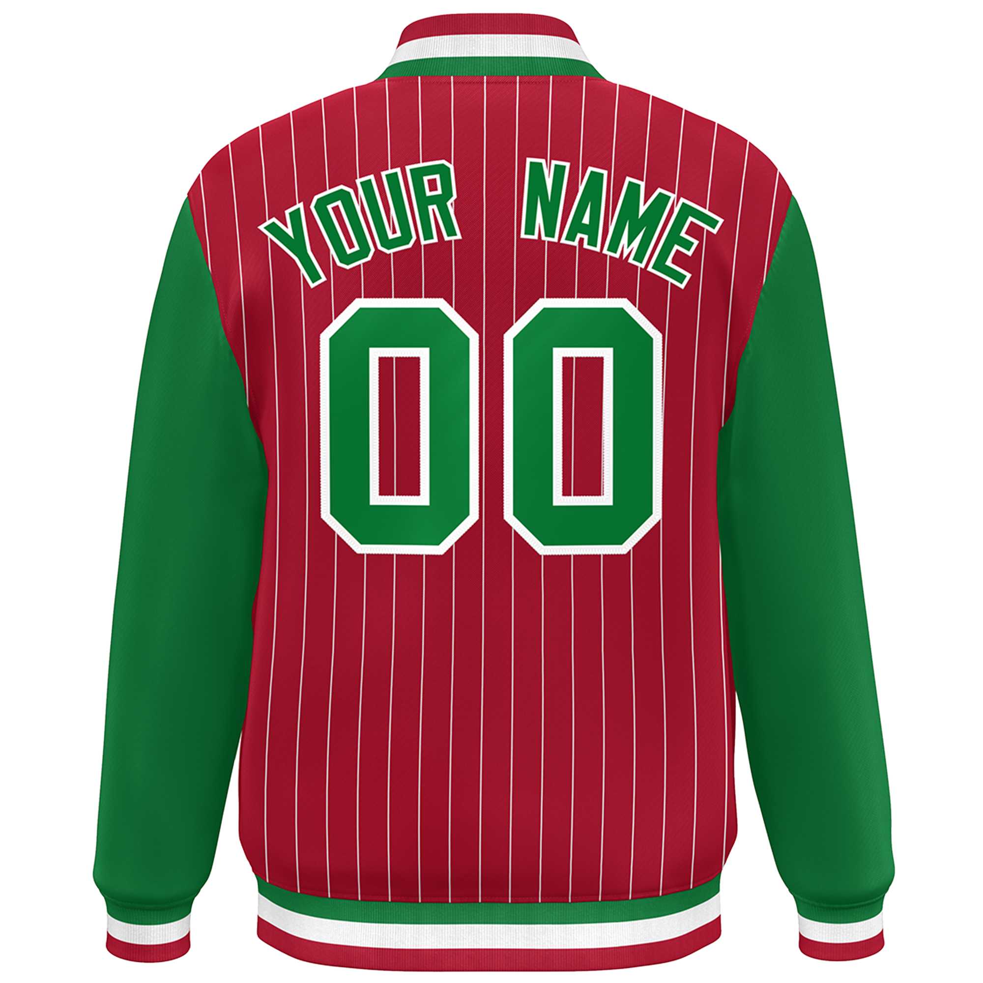 Custom Red Kelly Green-White Stripe Fashion Bomber Varsity Jacket with Raglan Sleeves