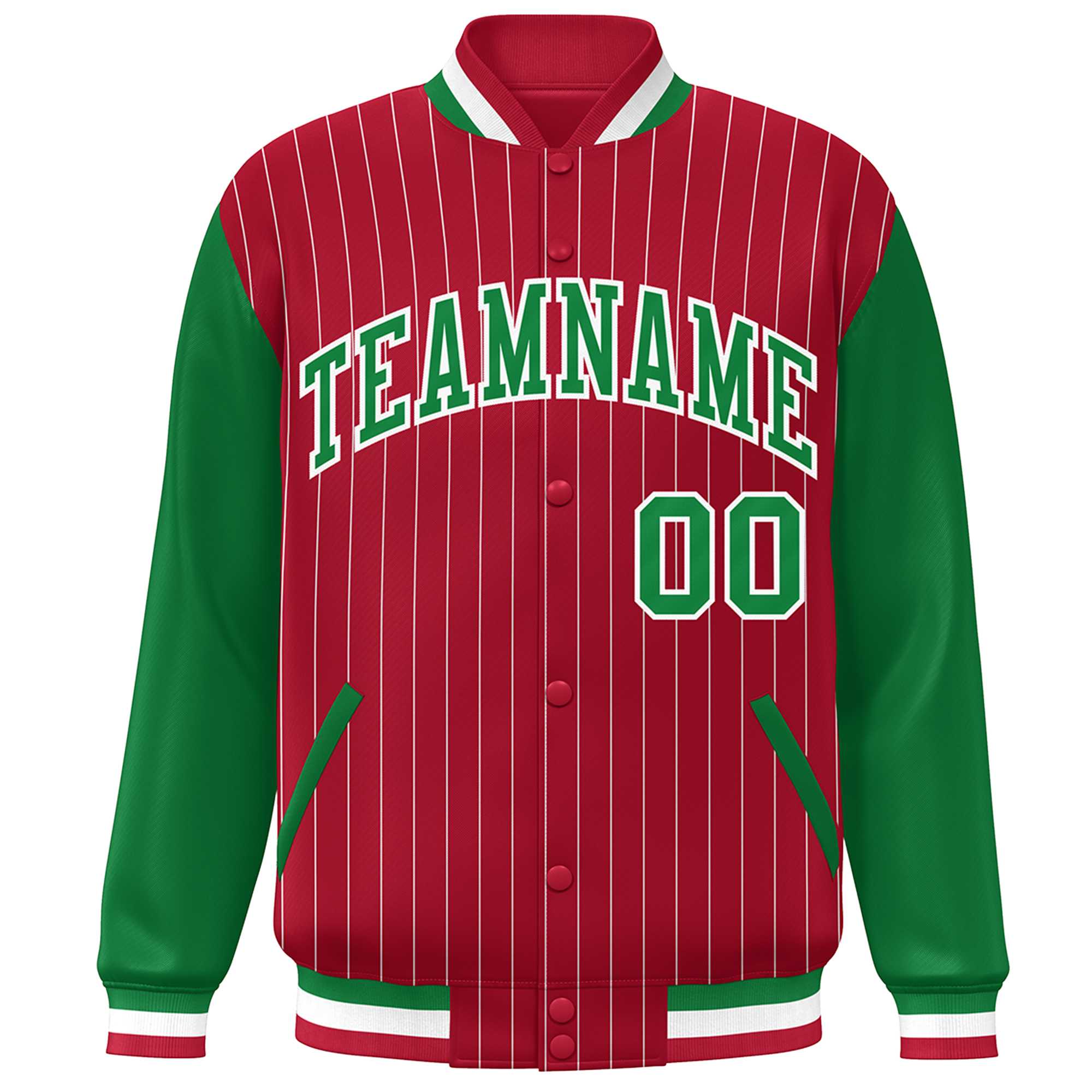 Custom Red Kelly Green-White Stripe Fashion Bomber Varsity Jacket with Raglan Sleeves