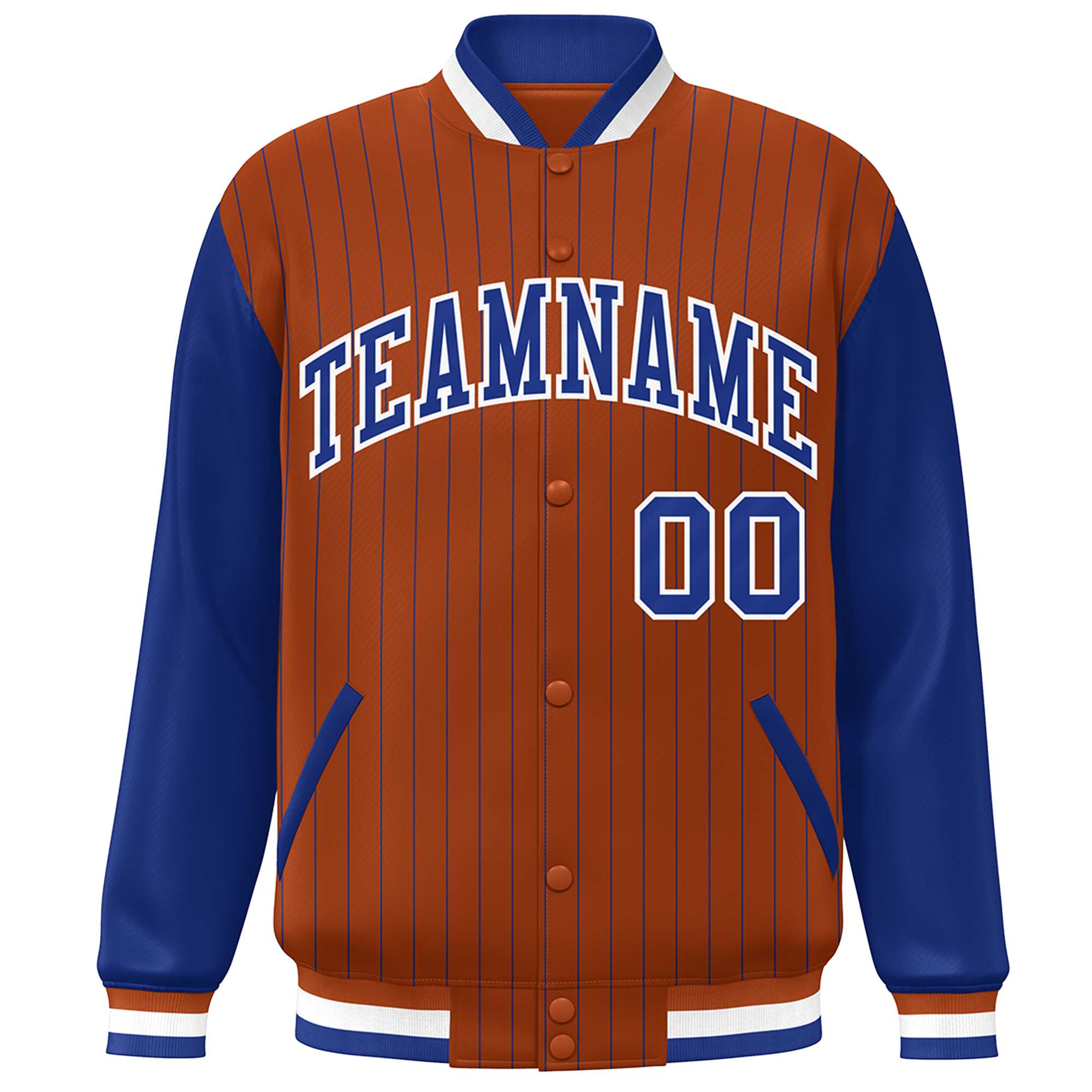 Custom Orange Royal-White Stripe Fashion Bomber Varsity Jacket with Raglan Sleeves