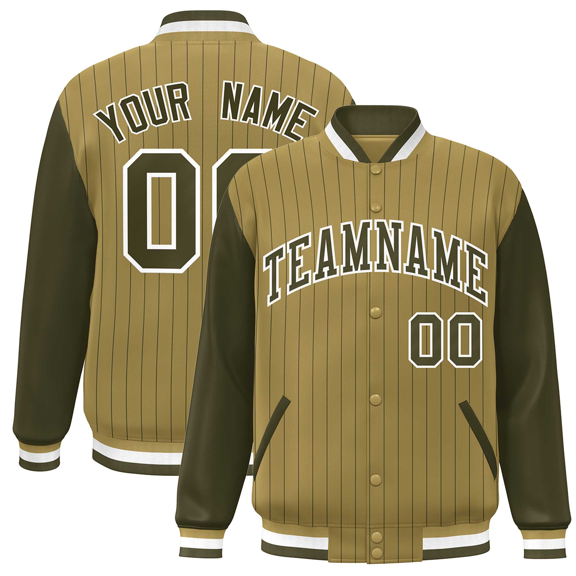 Custom Desert Yellow Olive-White Stripe Fashion Bomber Varsity Jacket with Raglan Sleeves