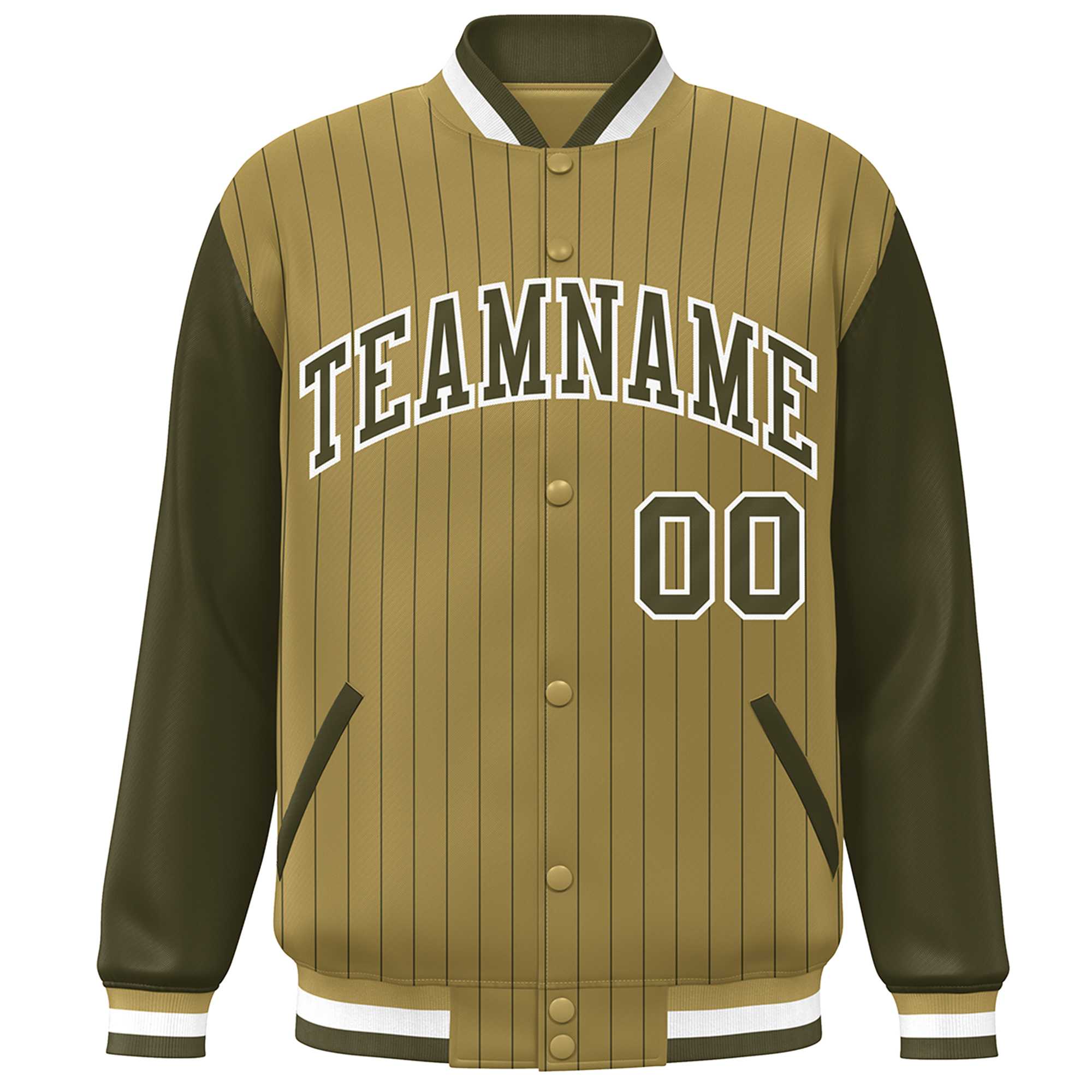 Custom Desert Yellow Olive-White Stripe Fashion Bomber Varsity Jacket with Raglan Sleeves