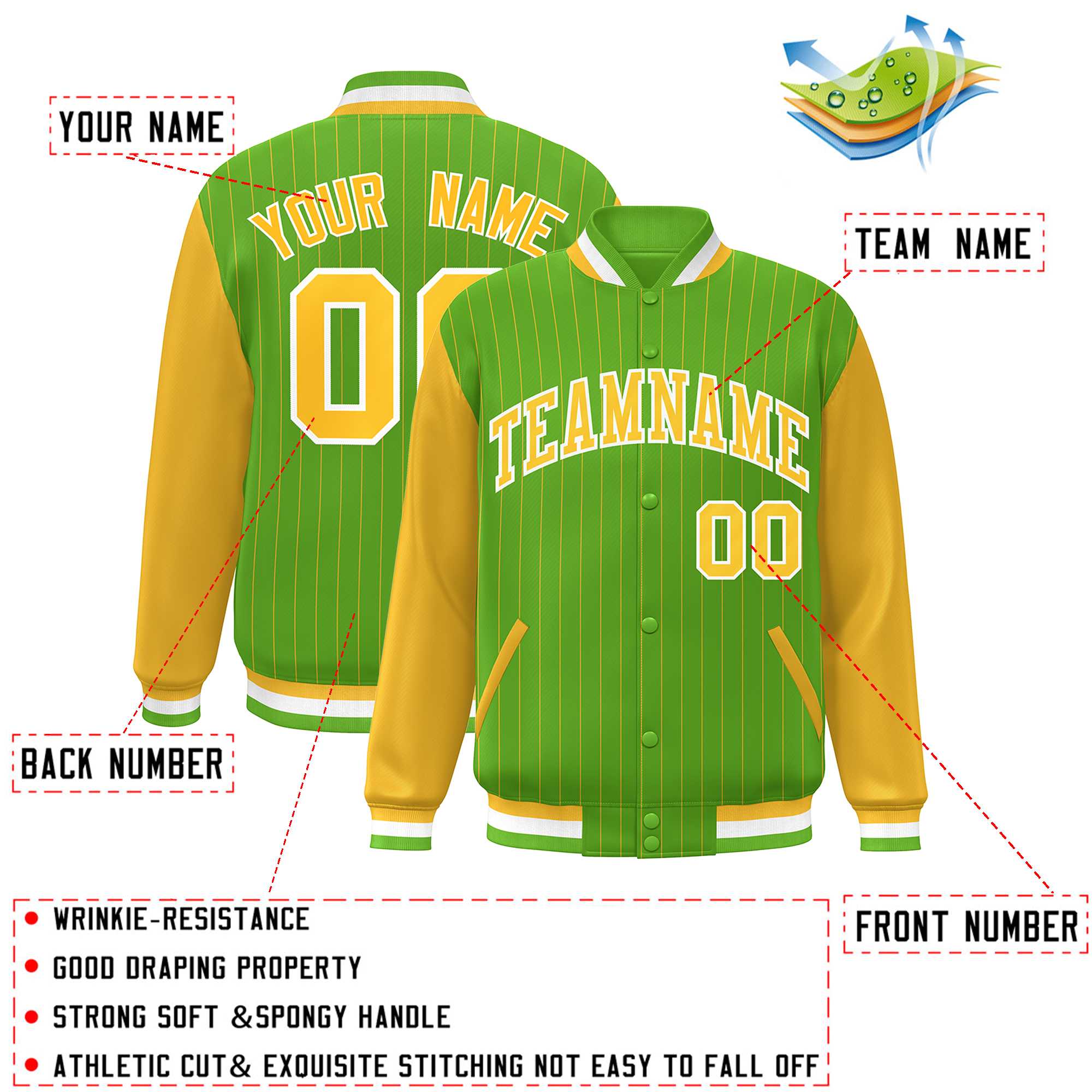 Custom Green Gold-White Stripe Fashion Bomber Varsity Jacket with Raglan Sleeves