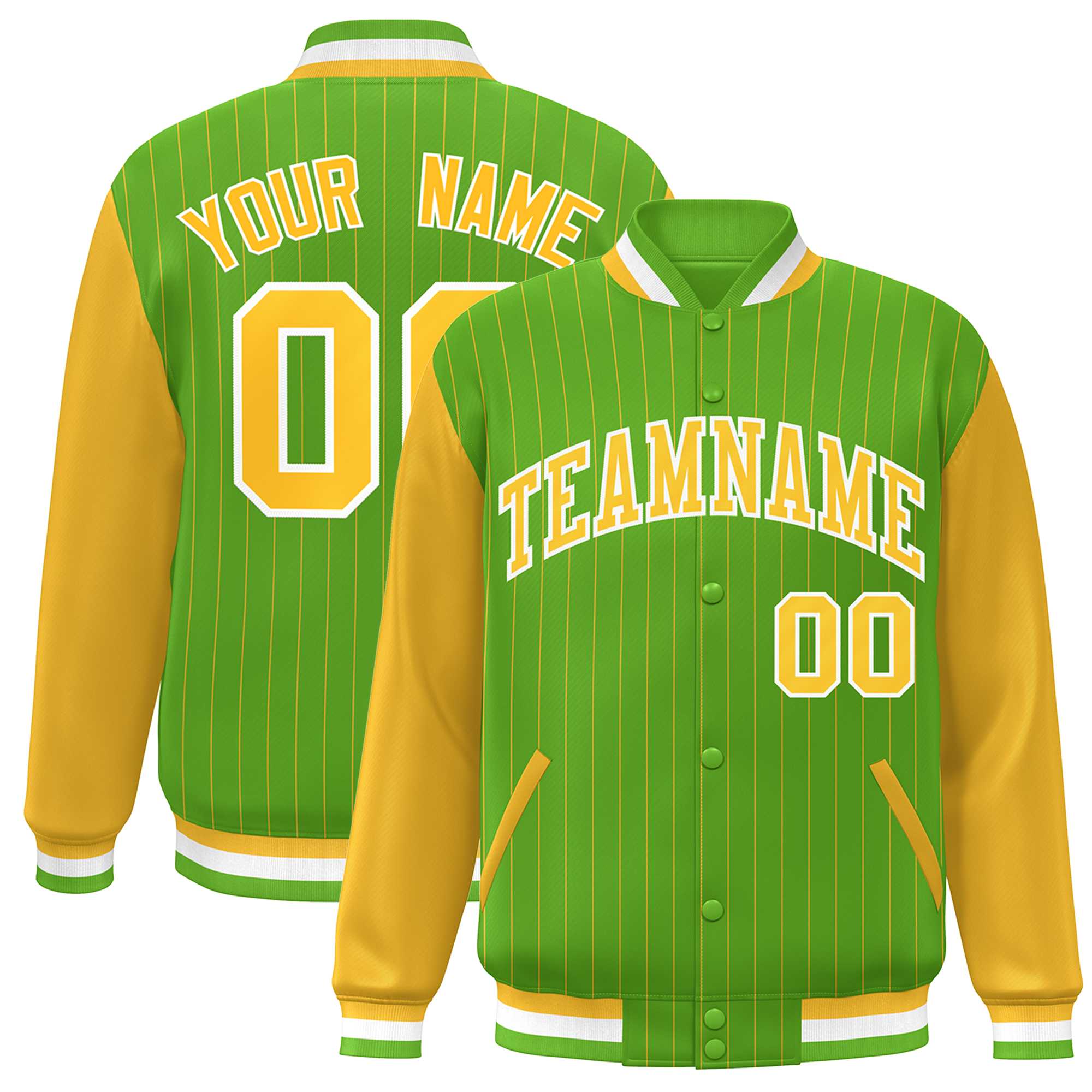 Custom Green Gold-White Stripe Fashion Bomber Varsity Jacket with Raglan Sleeves