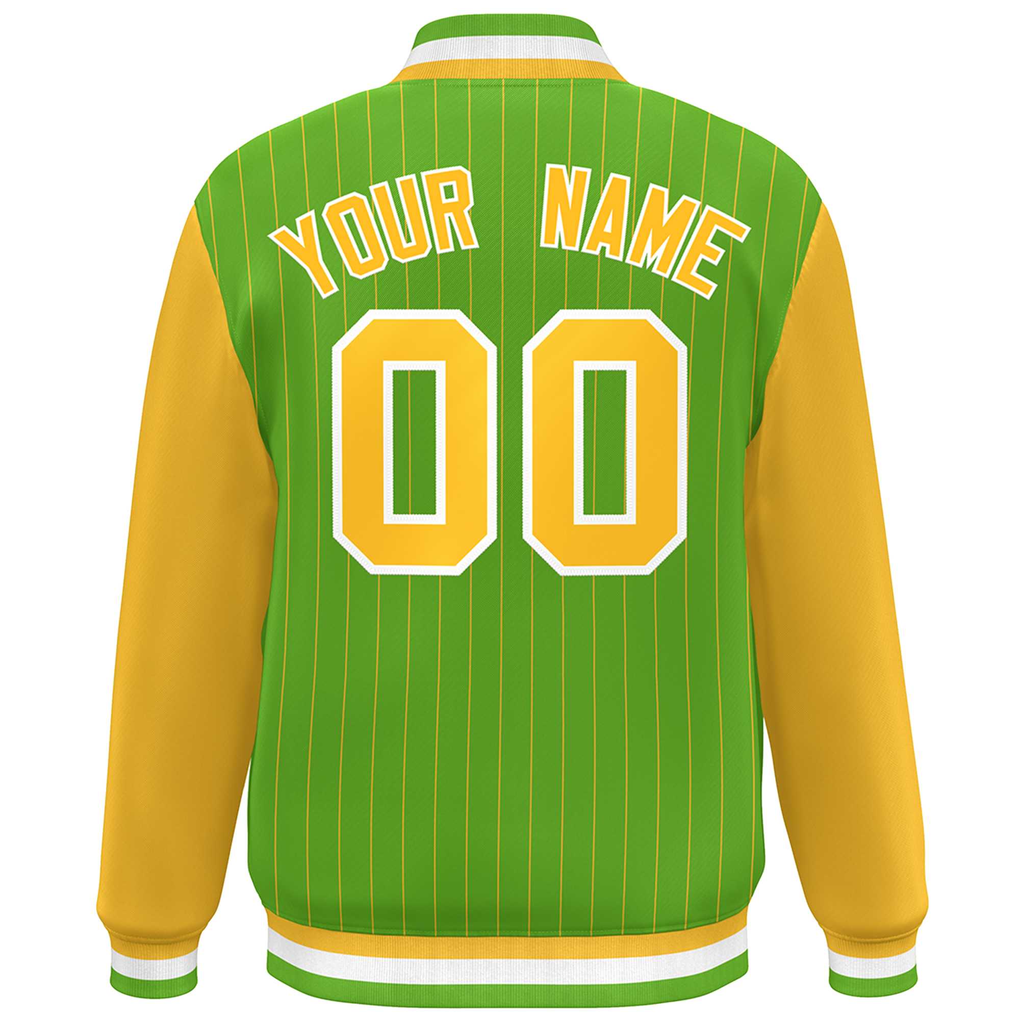 Custom Green Gold-White Stripe Fashion Bomber Varsity Jacket with Raglan Sleeves