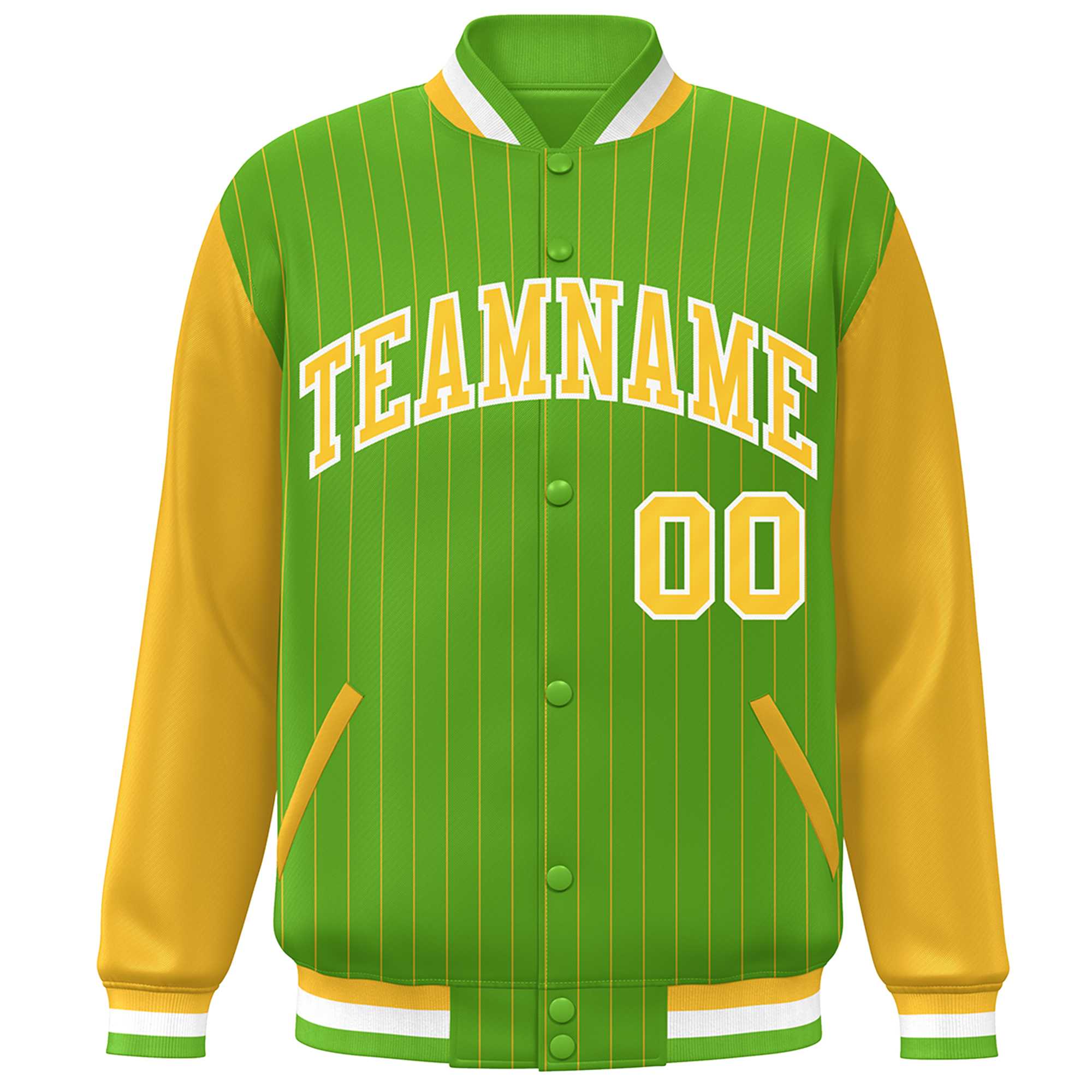 Custom Green Gold-White Stripe Fashion Bomber Varsity Jacket with Raglan Sleeves