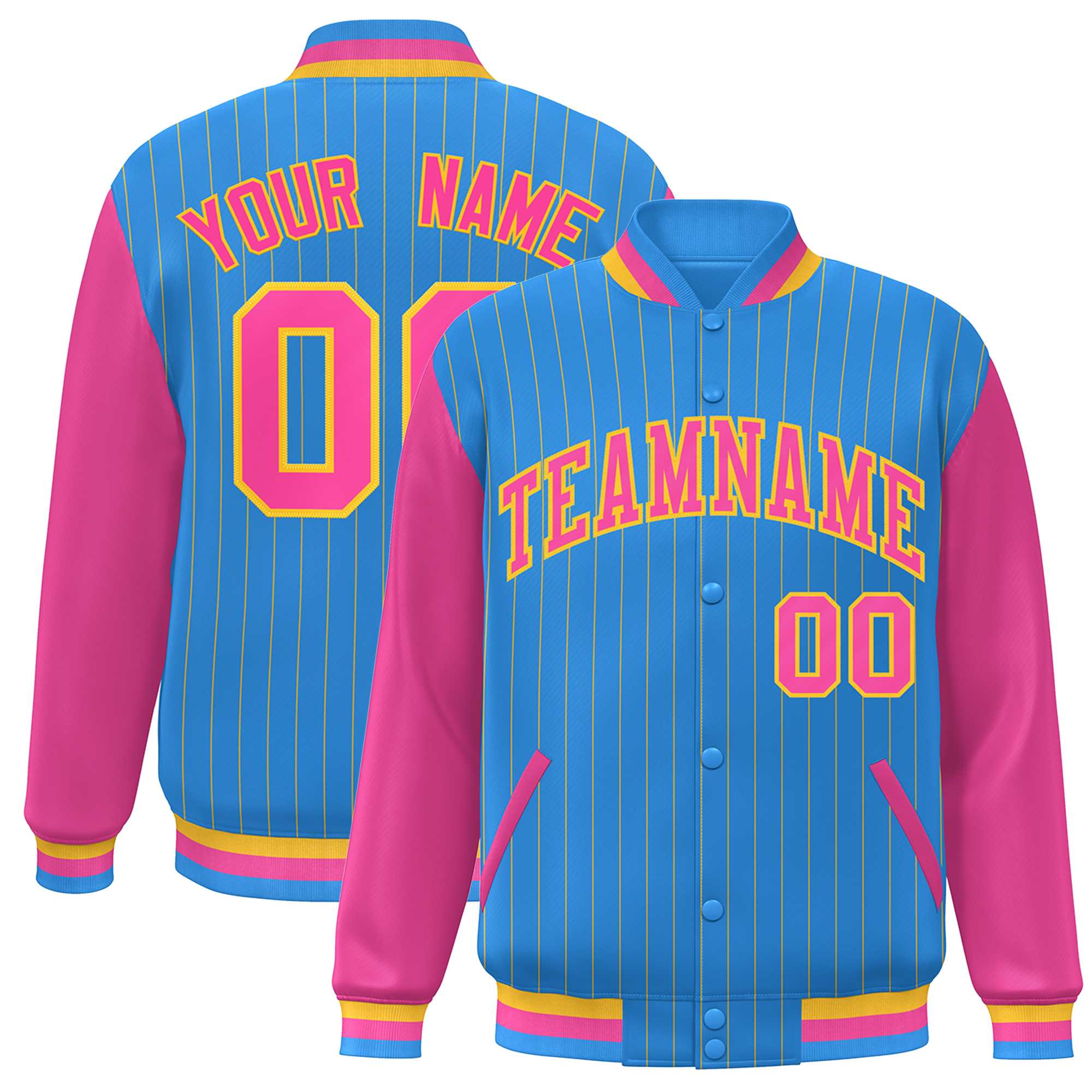 Custom Powder Blue Pink-Yellow Stripe Fashion Bomber Varsity Jacket with Raglan Sleeves