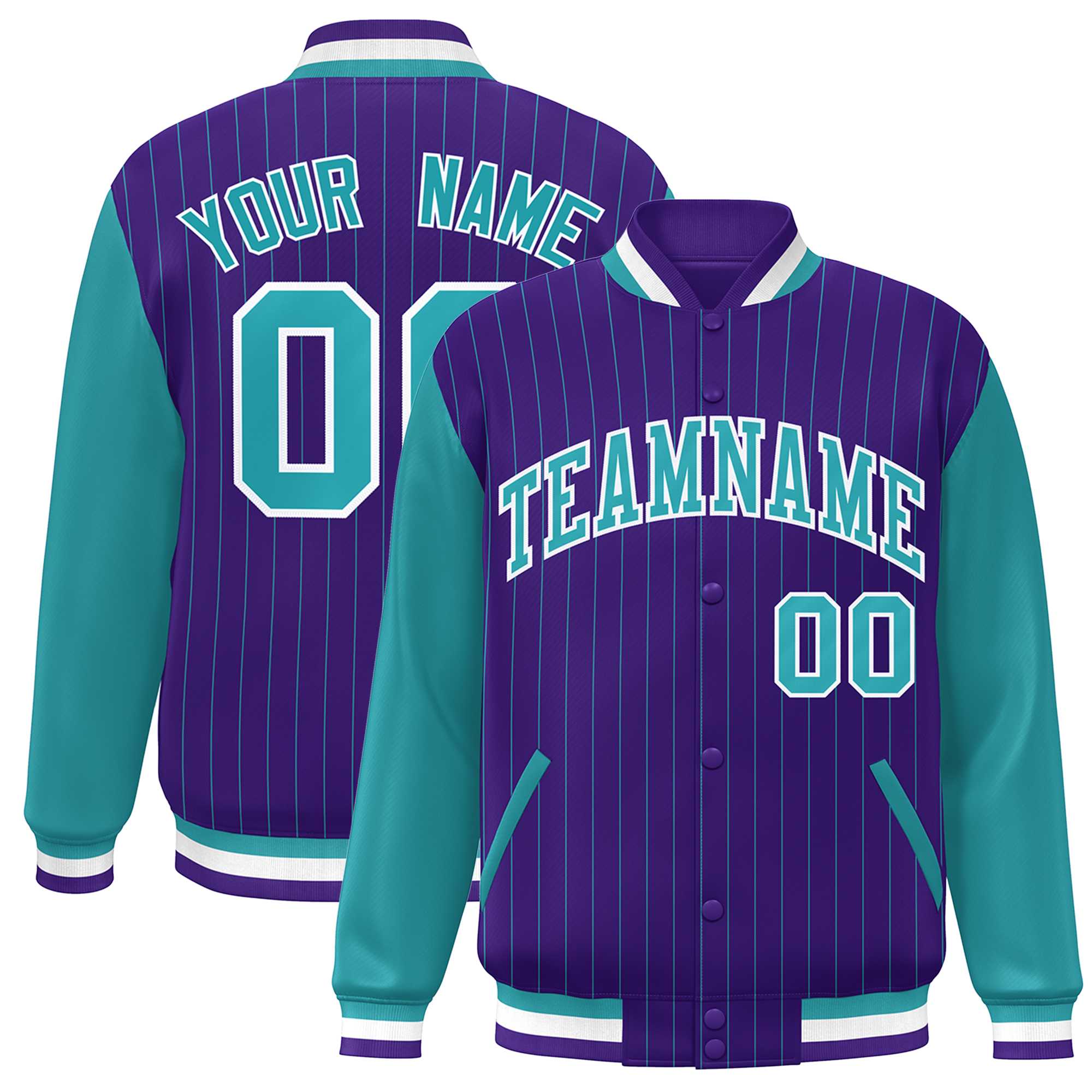 Custom Purple Aqua-White Stripe Fashion Bomber Varsity Jacket with Raglan Sleeves