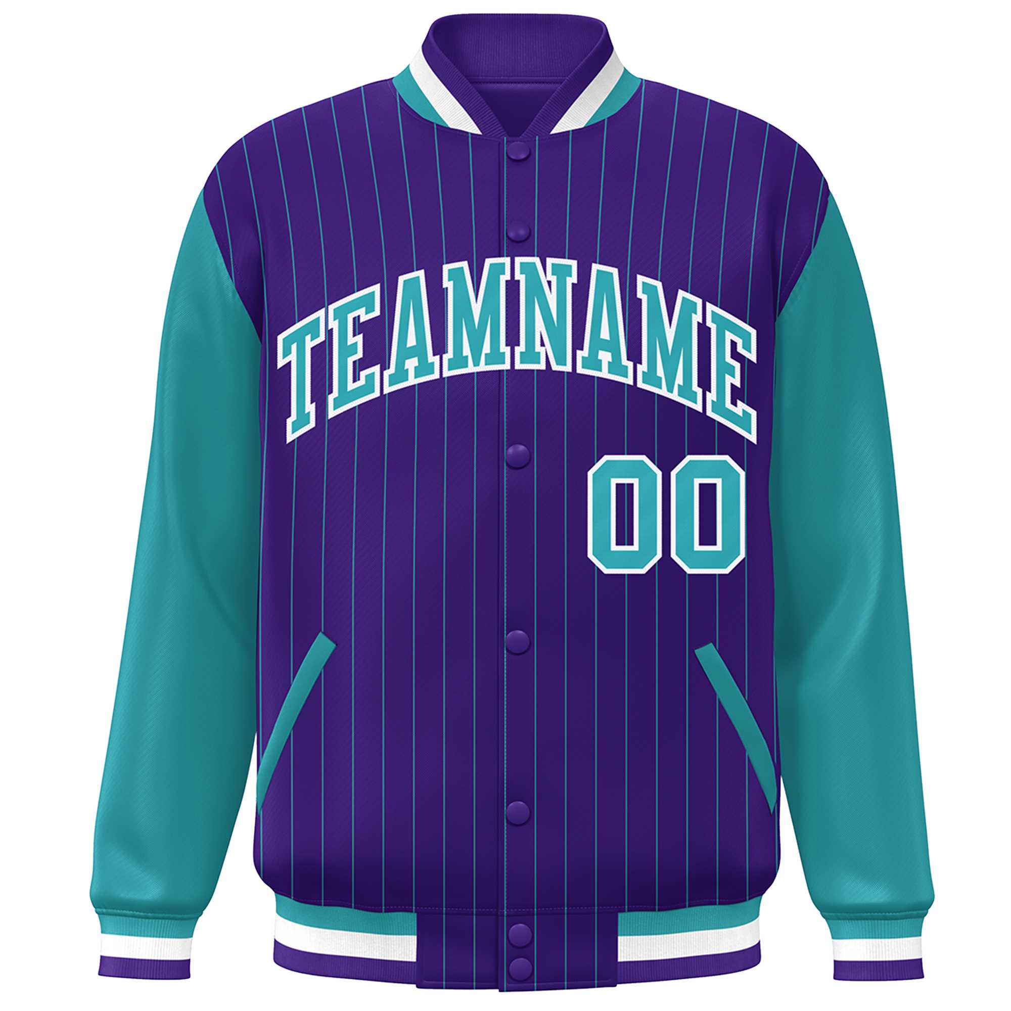 Custom Purple Aqua-White Stripe Fashion Bomber Varsity Jacket with Raglan Sleeves