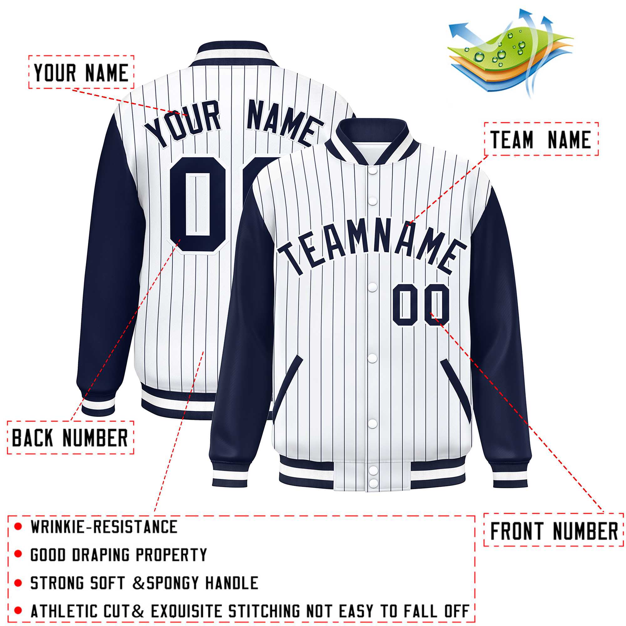 Custom White Navy Stripe Fashion Bomber Varsity Jacket with Raglan Sleeves