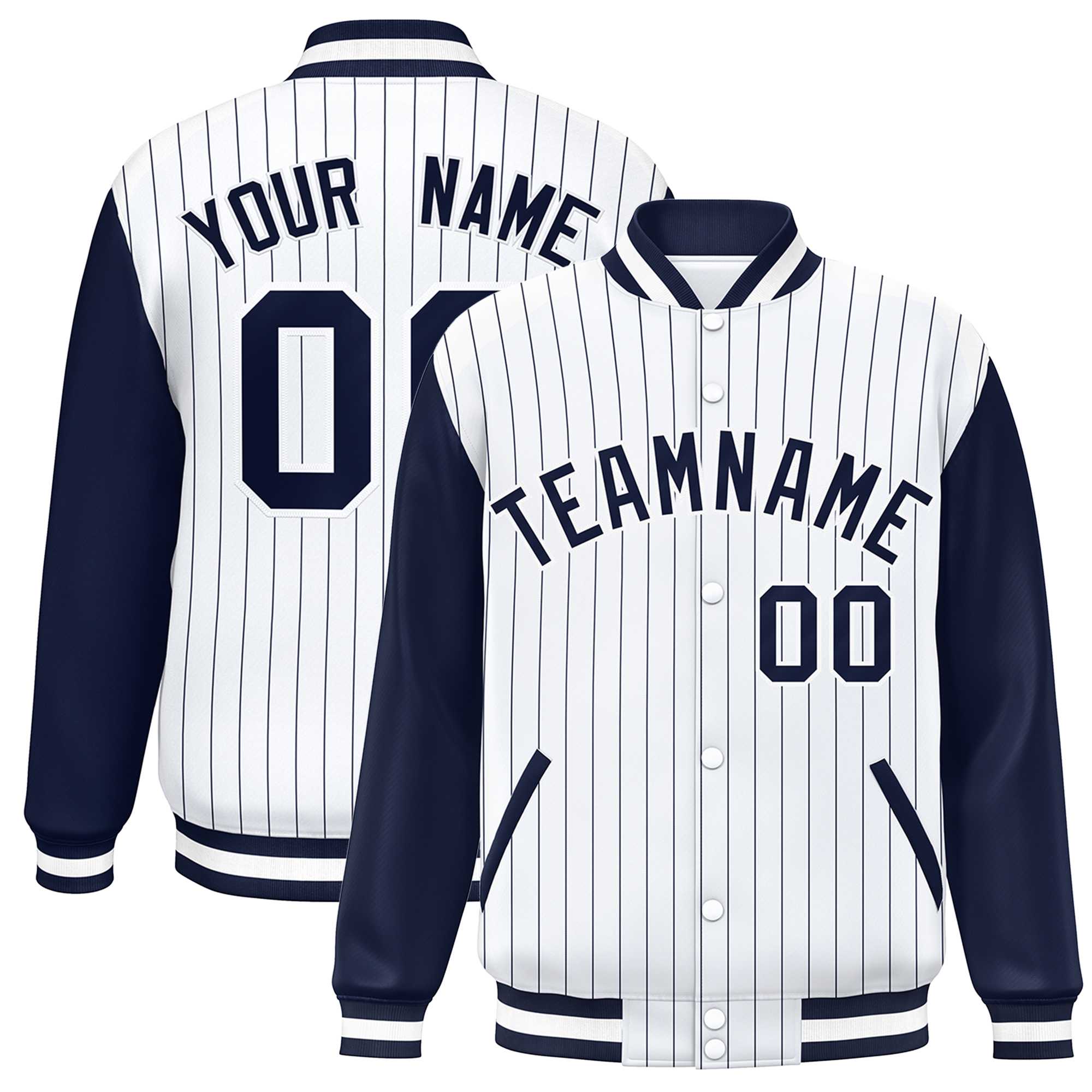 Custom White Navy Stripe Fashion Bomber Varsity Jacket with Raglan Sleeves