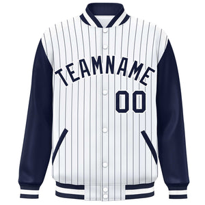 Custom White Navy Stripe Fashion Bomber Varsity Jacket with Raglan Sleeves